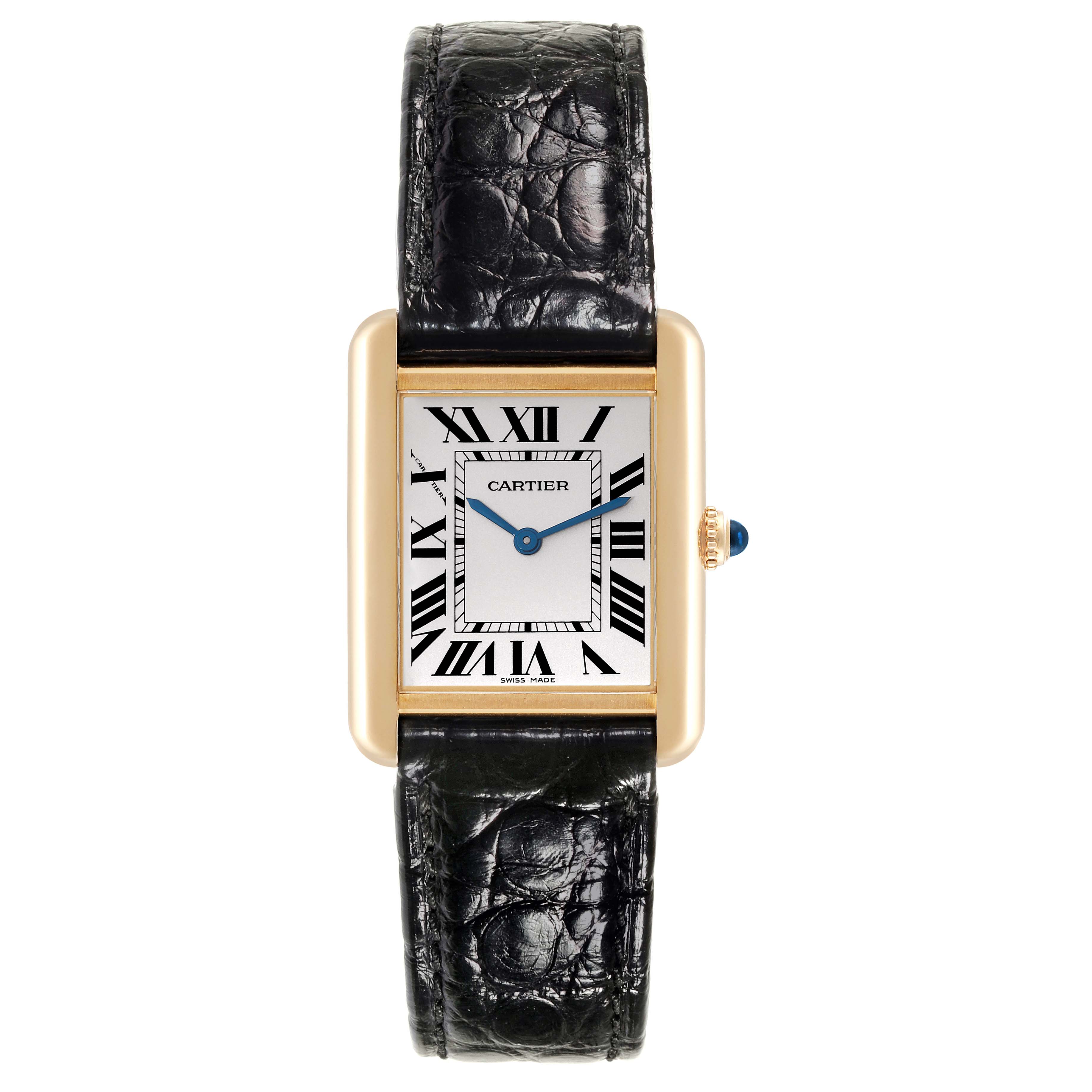 The image shows a Tank Solo model by Cartier, displaying the watch face, Roman numerals, black leather strap, and gold frame.