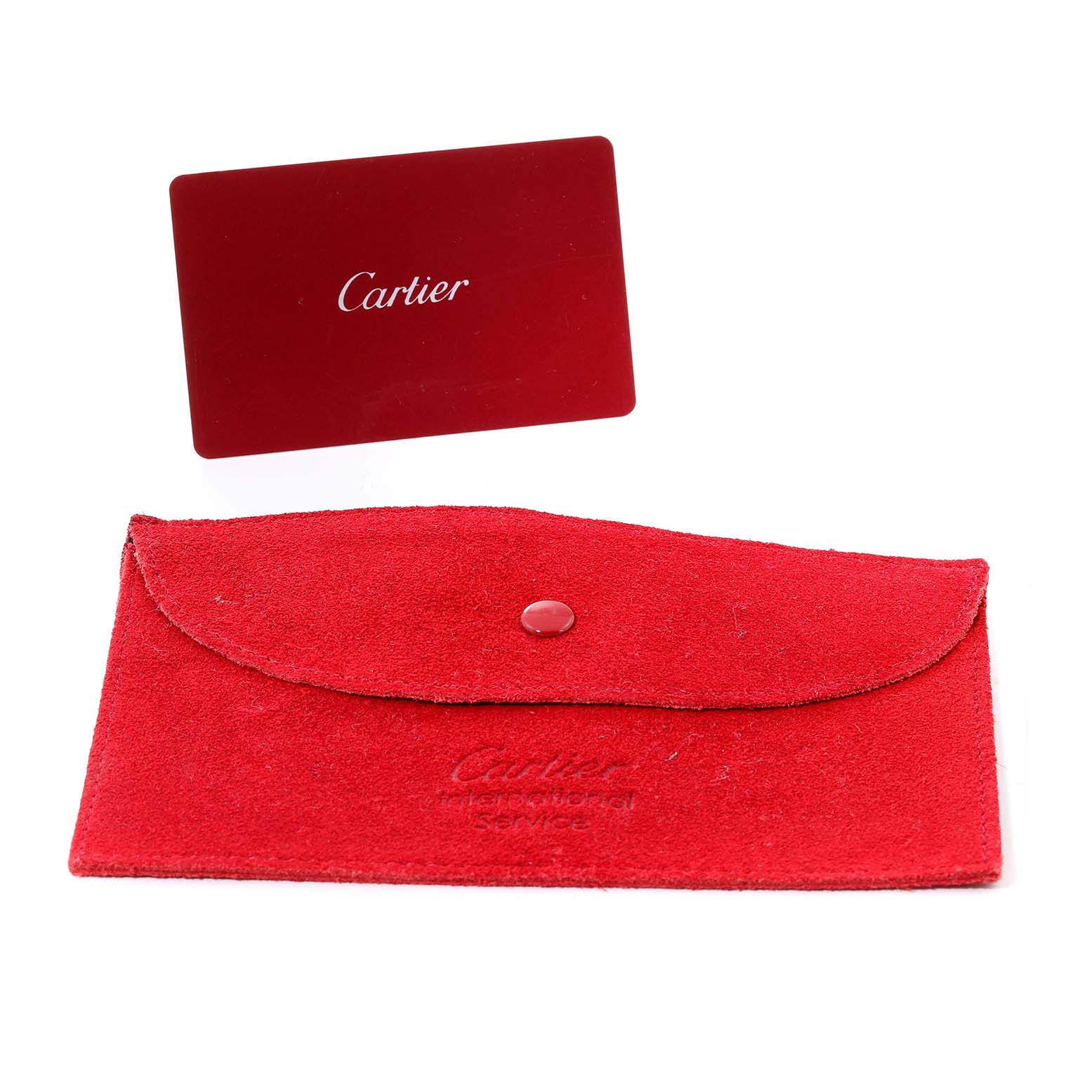 The image shows a red Cartier International Service card and a red suede pouch for the Cartier Tank Solo W1018755 Women's Steel and Gold (two tone) Silver Dial W1018755 Women's Steel and Gold (two tone) Silver Dial model watch.