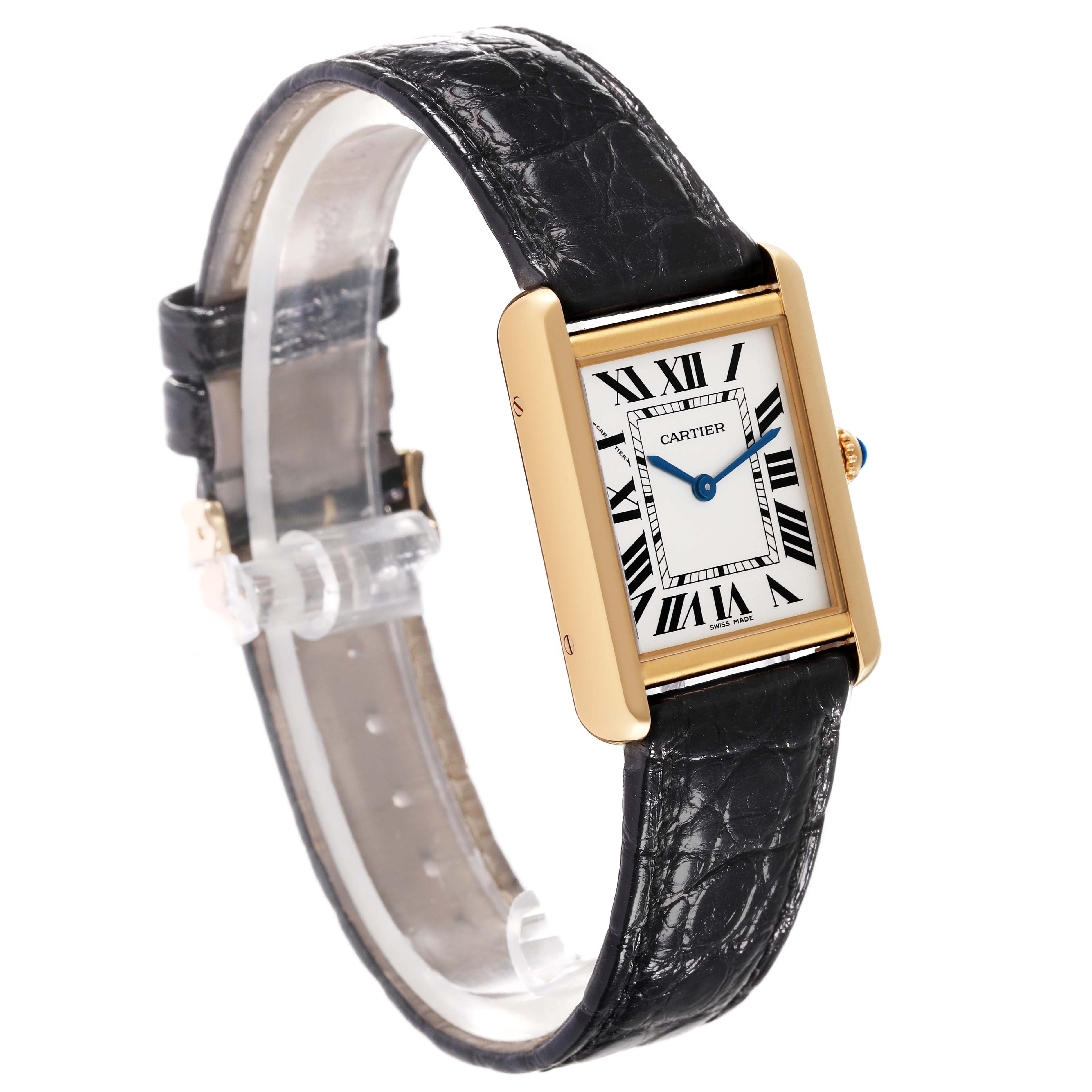 The image shows a side and slightly angled view of the Cartier Tank Solo W1018755 Women's Steel and Gold (two tone) Silver Dial W1018755 Women's Steel and Gold (two tone) Silver Dial watch, featuring its rectangular dial, Roman numerals, and black leather strap.