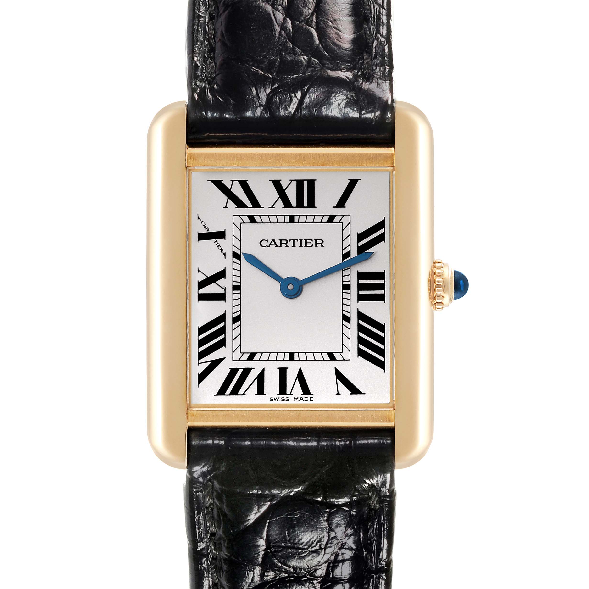 The Cartier Tank Solo W1018755 Women's Steel and Gold (two tone) Silver Dial W1018755 Women's Steel and Gold (two tone) Silver Dial watch is shown from the front, highlighting its face, strap, and crown with a blue gem.