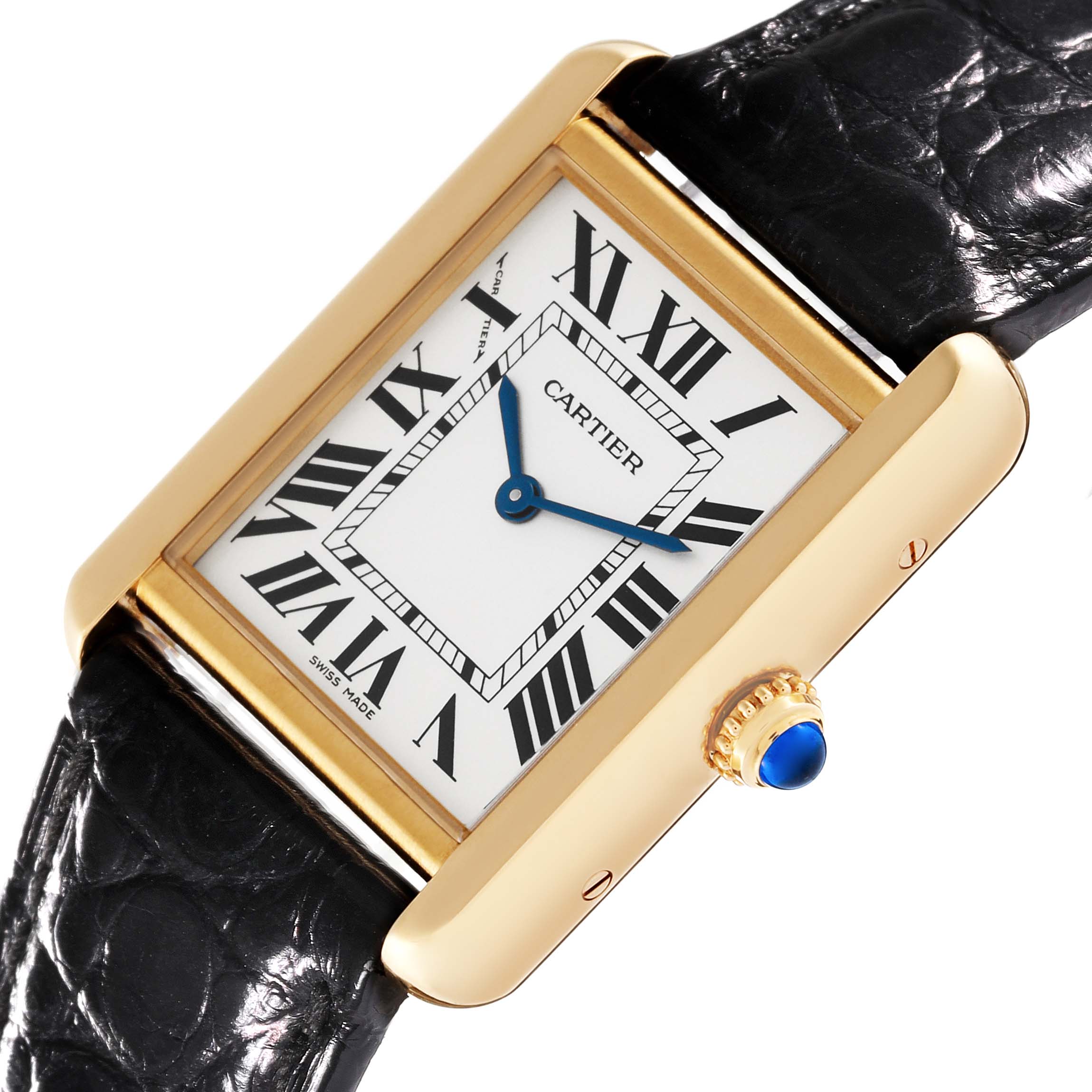 The Cartier Tank Solo W1018755 Women's Steel and Gold (two tone) Silver Dial W1018755 Women's Steel and Gold (two tone) Silver Dial watch is shown at a slight angle, highlighting its rectangular face, Roman numerals, gold casing, and black leather strap.