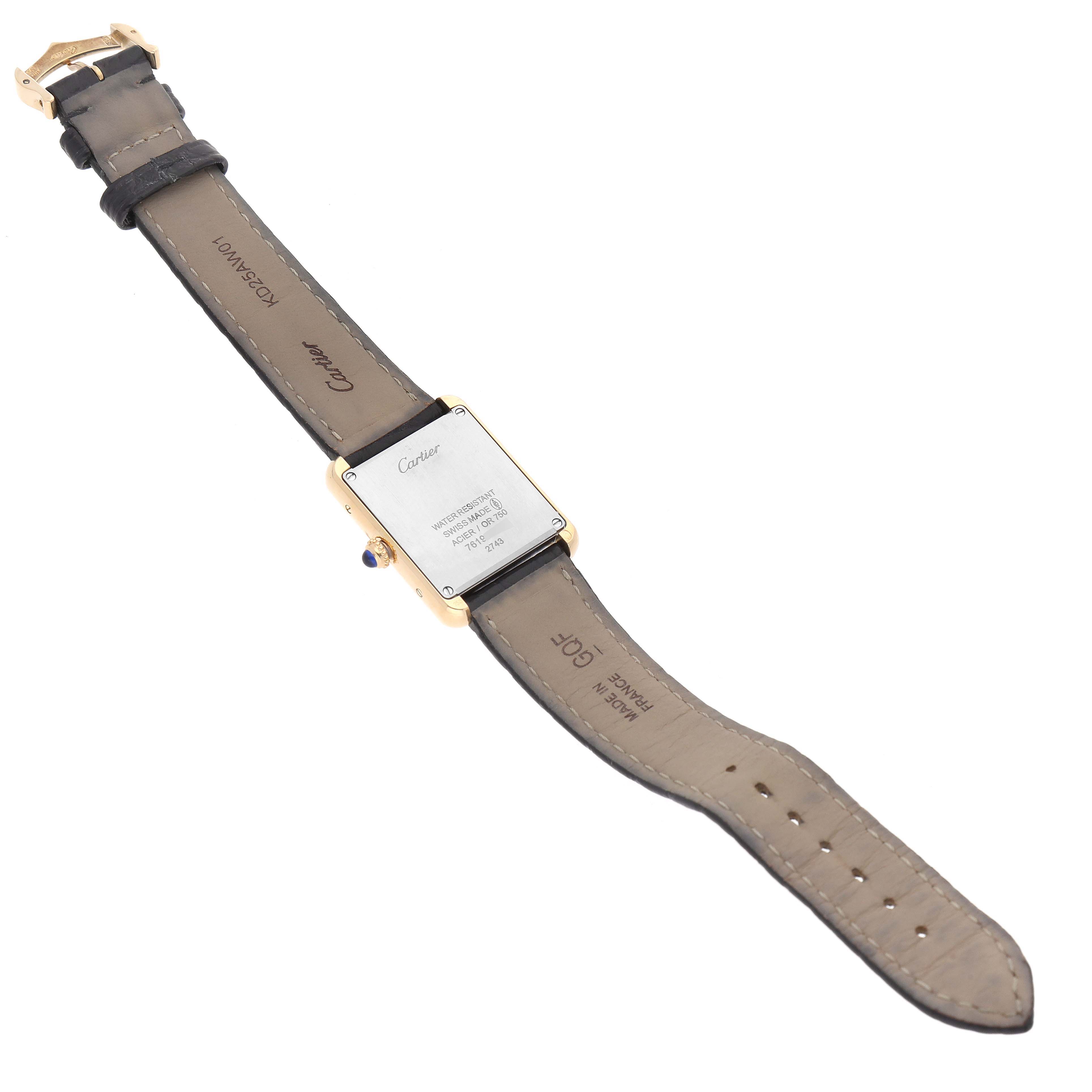 The image shows the back view of the Tank Solo watch model by Cartier and its entire leather strap.