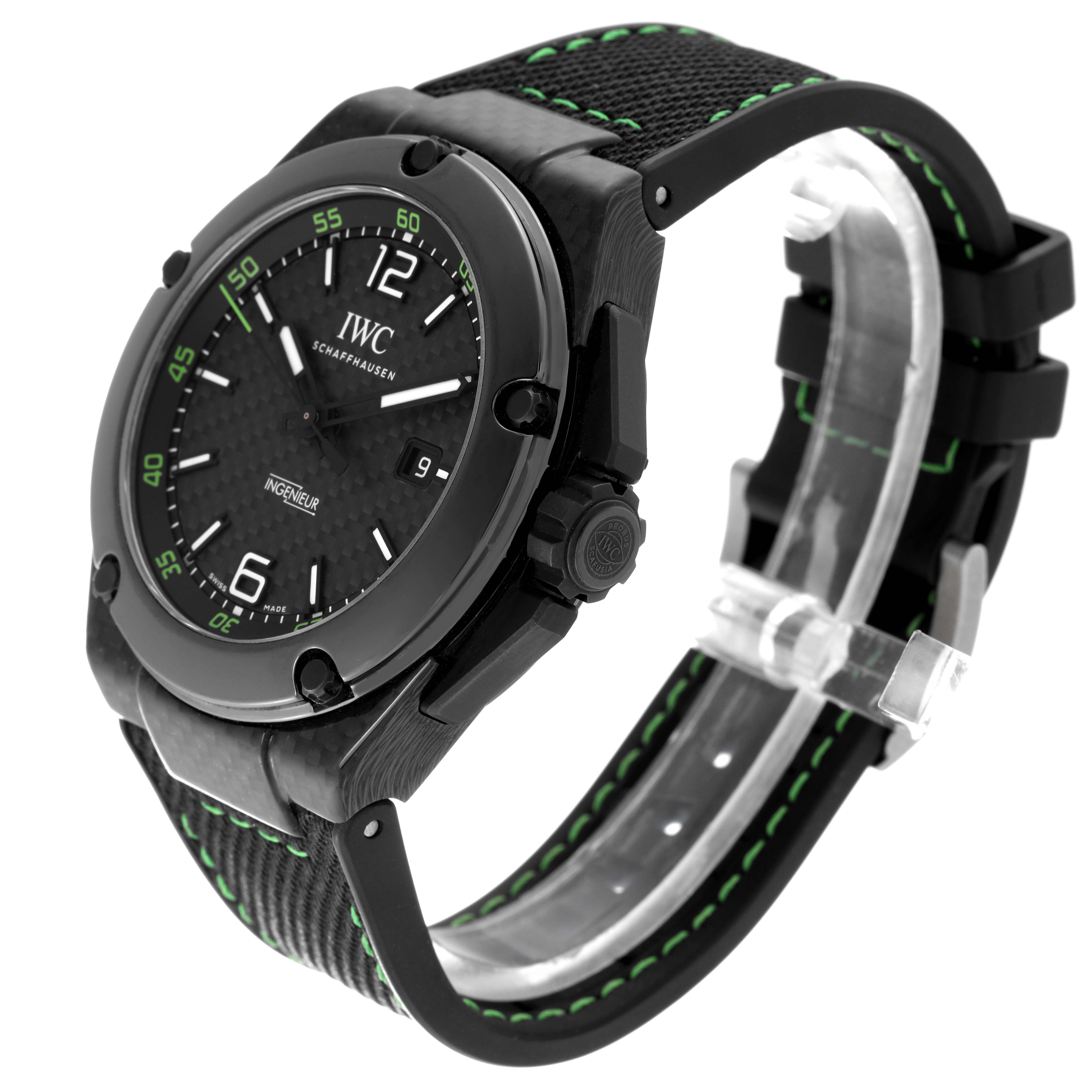 The image shows an IWC Ingenieur IW322404 Men's Ceramic Black Dial IW322404 Men's Ceramic Black Dial watch at a three-quarter angle, highlighting the face, bezel, crown, and strap.