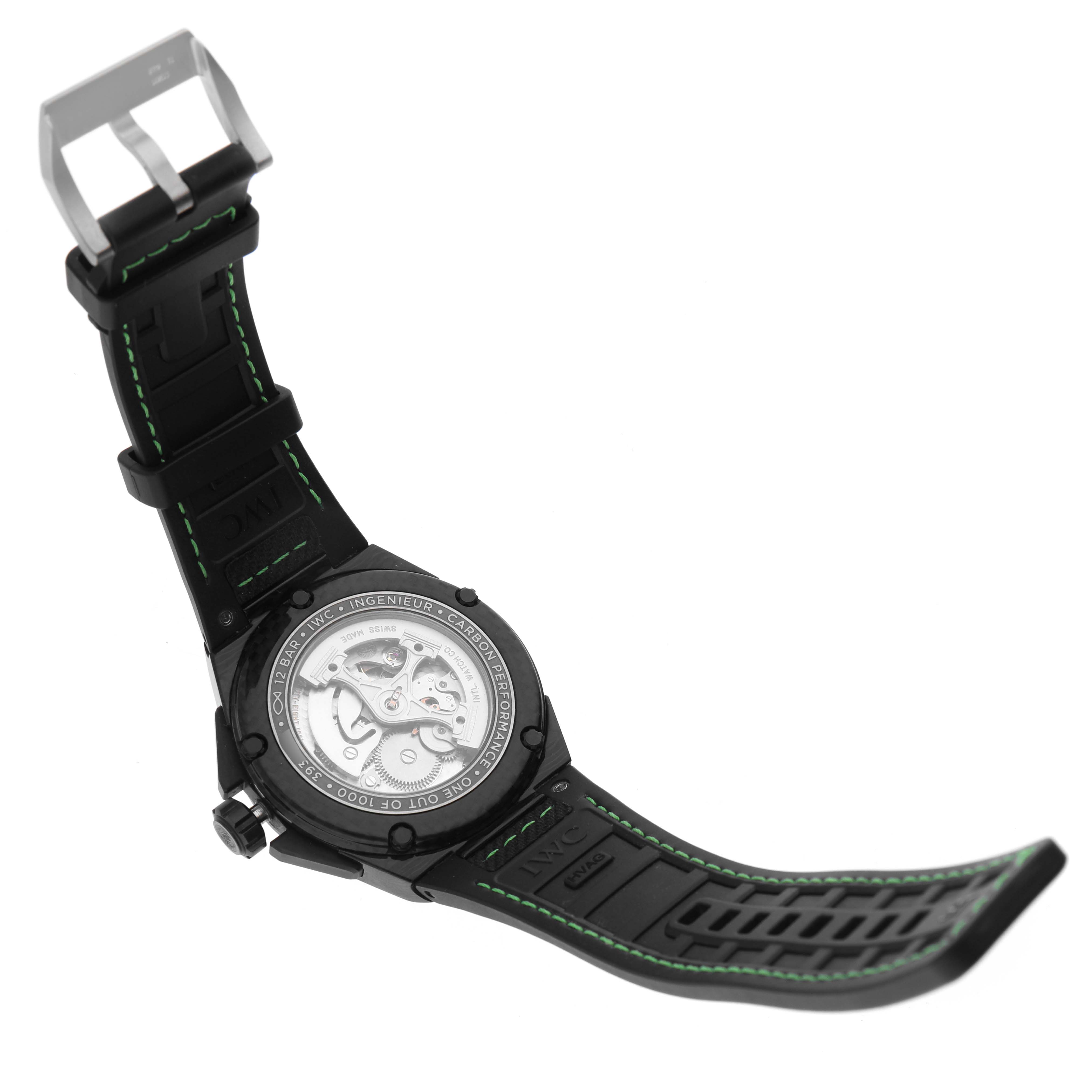 The image shows the back of the IWC Ingenieur IW322404 Men's Ceramic Black Dial IW322404 Men's Ceramic Black Dial watch, highlighting the transparent case back and black strap with green stitching.