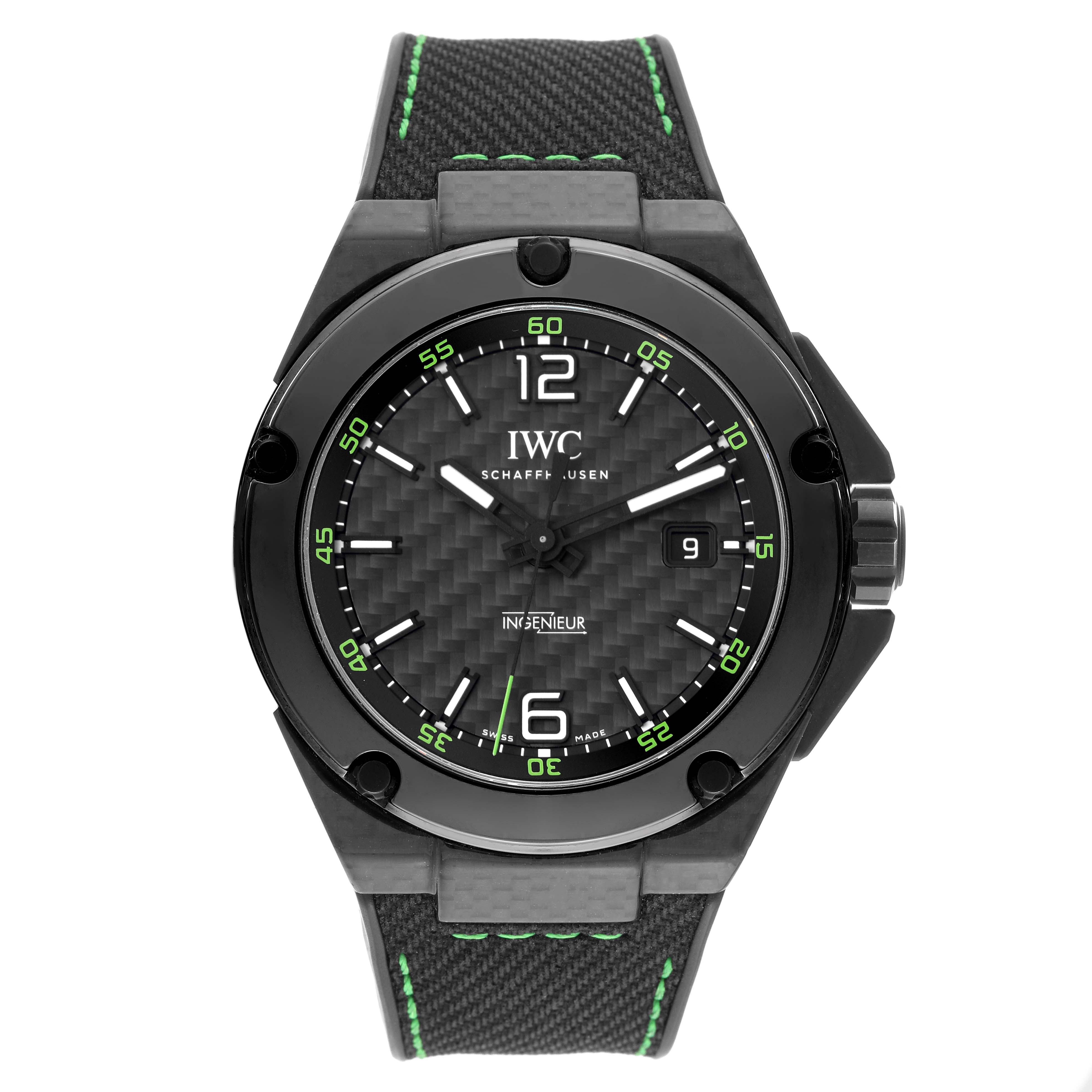 The image shows a front view of the IWC Ingenieur IW322404 Men's Ceramic Black Dial IW322404 Men's Ceramic Black Dial watch, featuring its face, bezel, and part of the strap.