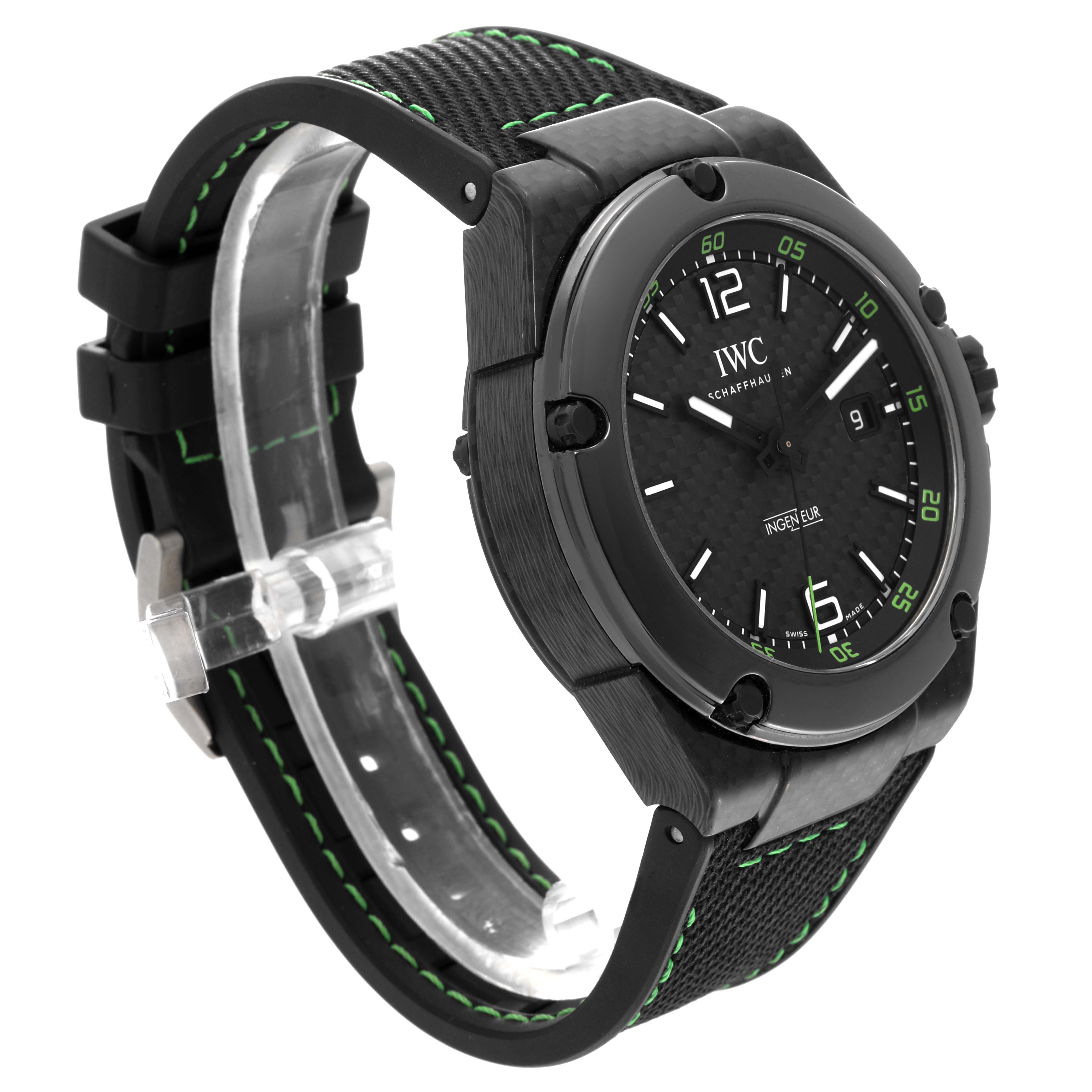 The IWC Ingenieur IW322404 Men's Ceramic Black Dial IW322404 Men's Ceramic Black Dial watch is shown at a three-quarter angle, highlighting its black dial, screws, and green-accented strap.