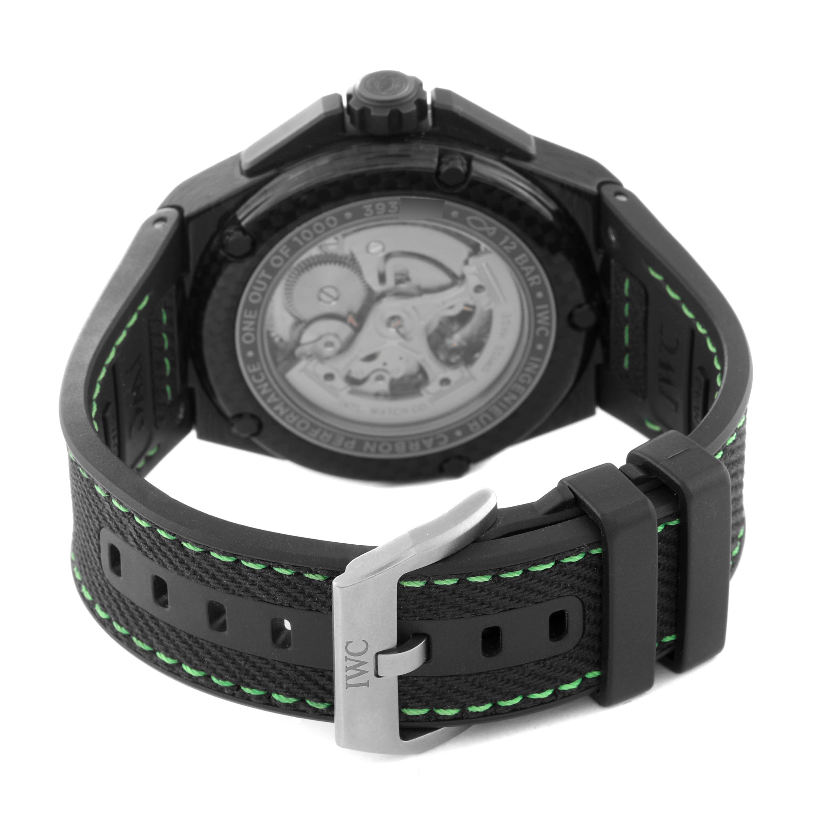 The image shows the rear view of the IWC Ingenieur IW322404 Men's Ceramic Black Dial IW322404 Men's Ceramic Black Dial watch, featuring its open case back and branded buckle.