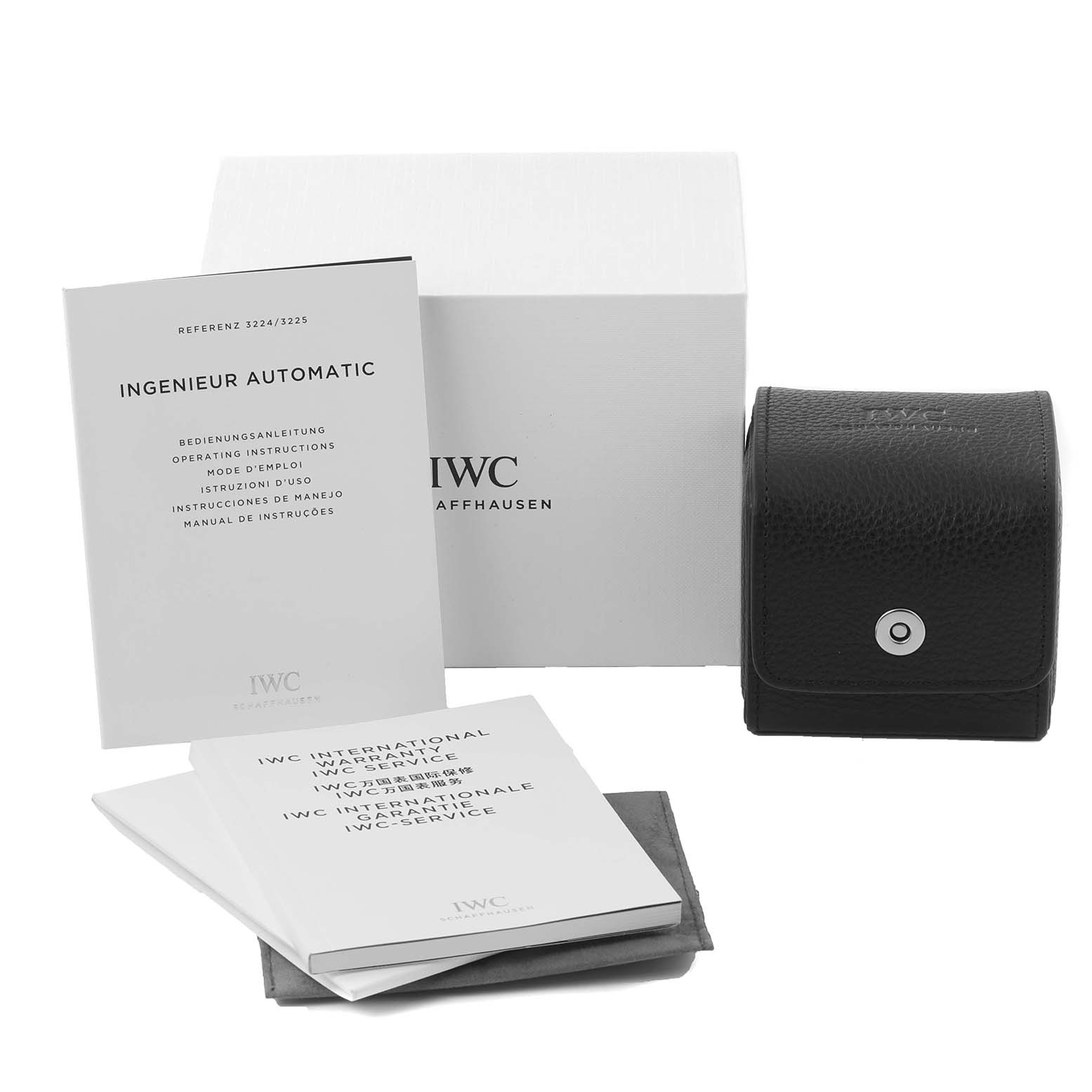 The image shows the packaging box, leather case, and manuals for the IWC Ingenieur IW322404 Men's Ceramic Black Dial IW322404 Men's Ceramic Black Dial watch model.