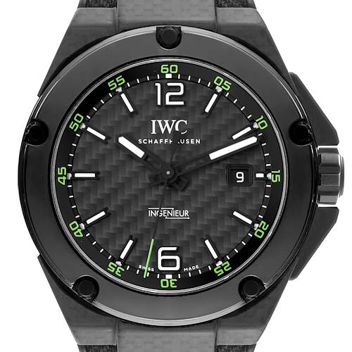 The image shows a front angle of the IWC Ingenieur watch, displaying the dial, hands, crown, and part of the strap.