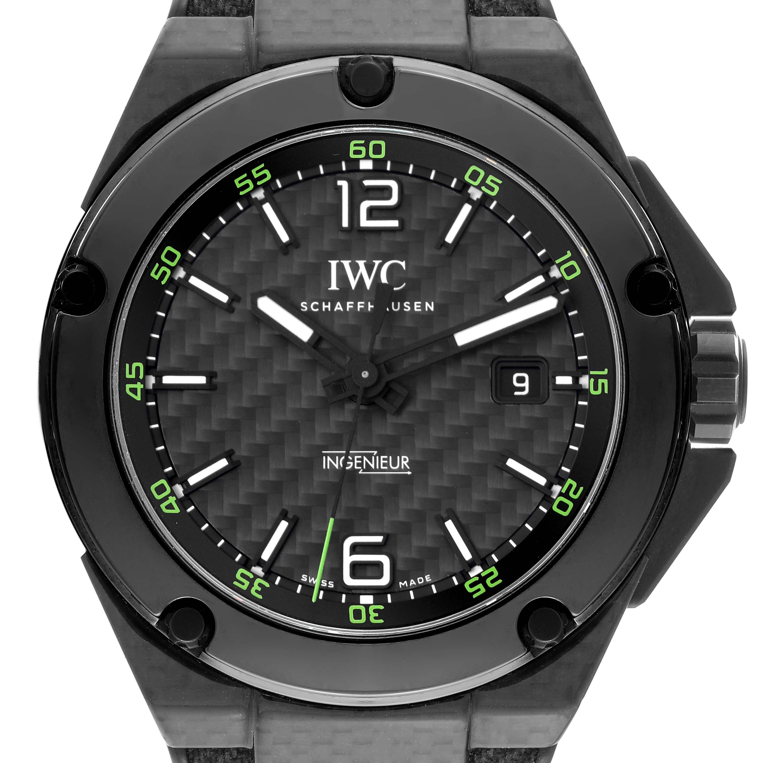 The image shows a front view of the IWC Ingenieur IW322404 Men's Ceramic Black Dial IW322404 Men's Ceramic Black Dial watch, displaying the entire face, bezel, and part of the strap.