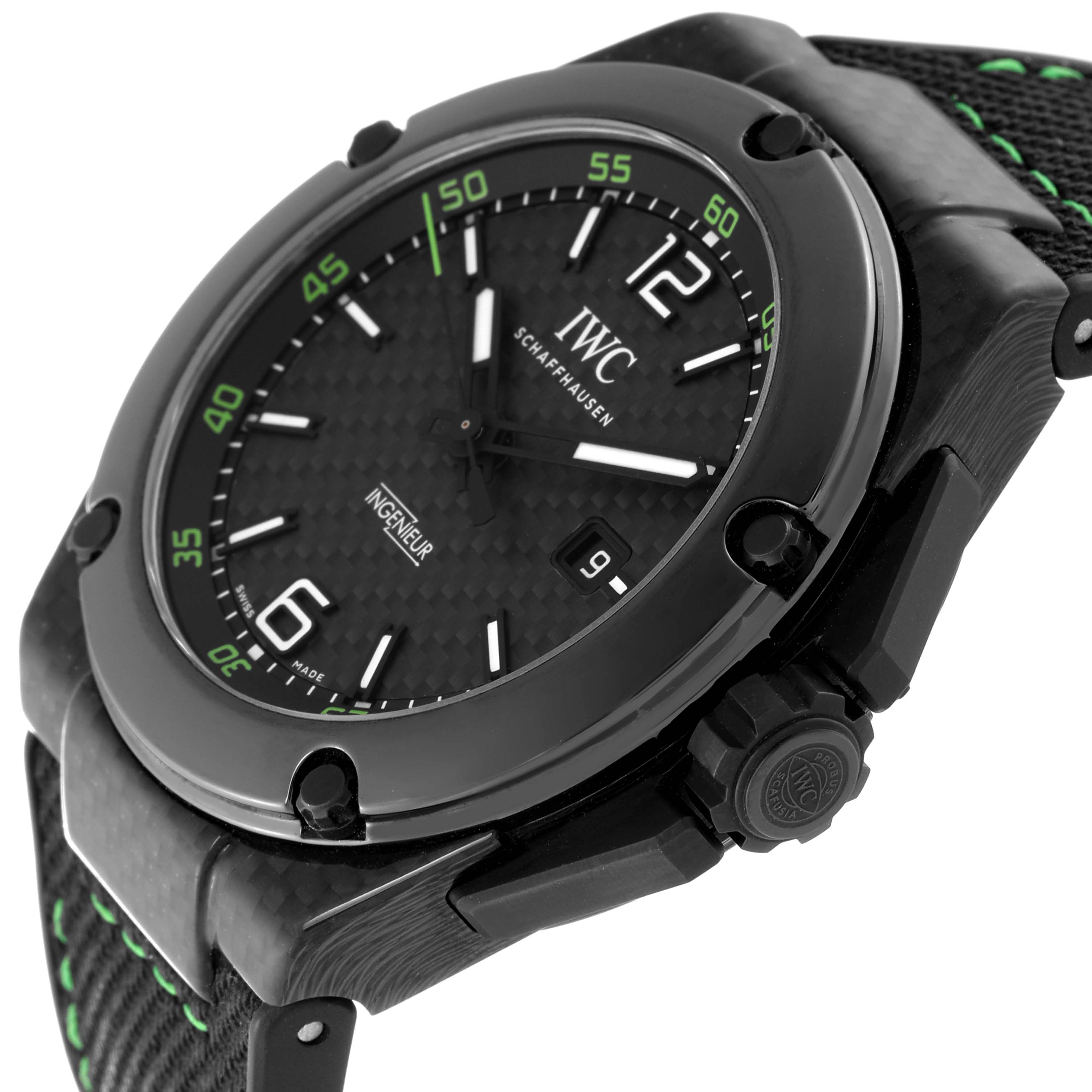 The image shows a side angle of the IWC Ingenieur IW322404 Men's Ceramic Black Dial IW322404 Men's Ceramic Black Dial watch, highlighting the crown, dial, and part of the strap.