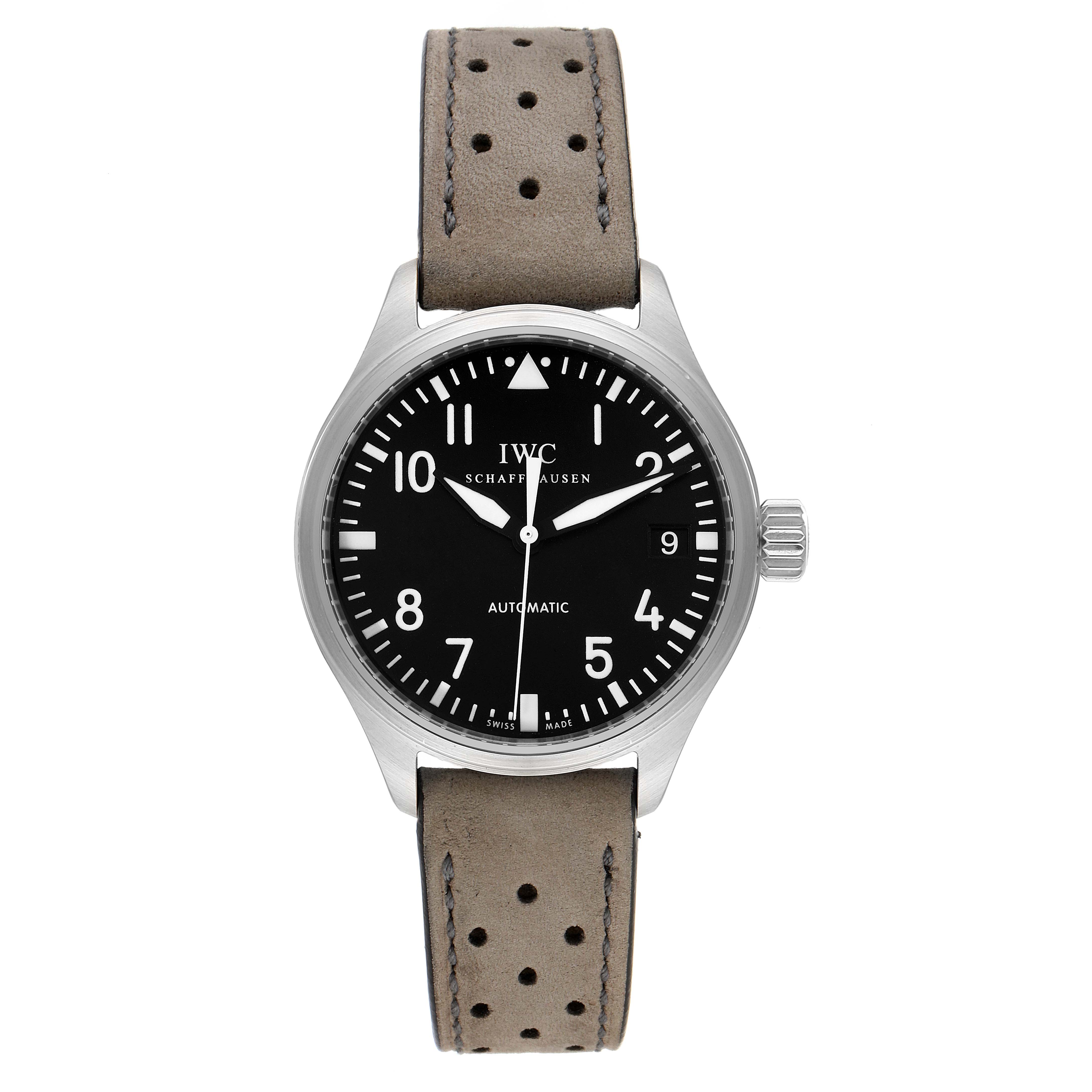 The IWC Pilot IW325601 Men's Stainless Steel Black Dial IW325601 Men's Stainless Steel Black Dial model watch is shown from a front angle, displaying its face, bezel, crown, and strap.