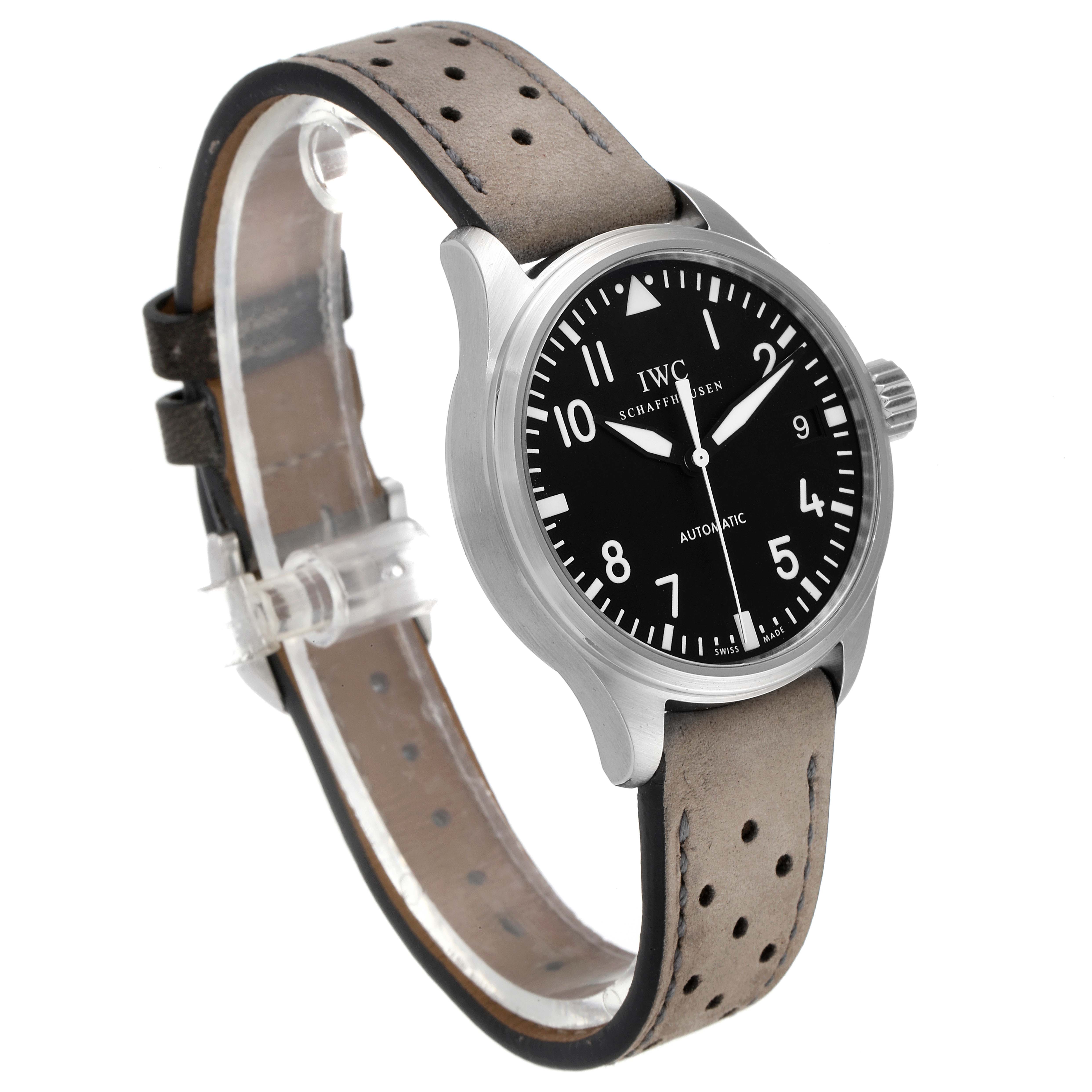The IWC Pilot IW325601 Men's Stainless Steel Black Dial IW325601 Men's Stainless Steel Black Dial watch is shown at a slight angle, displaying the face, casing, and strap in clear detail.