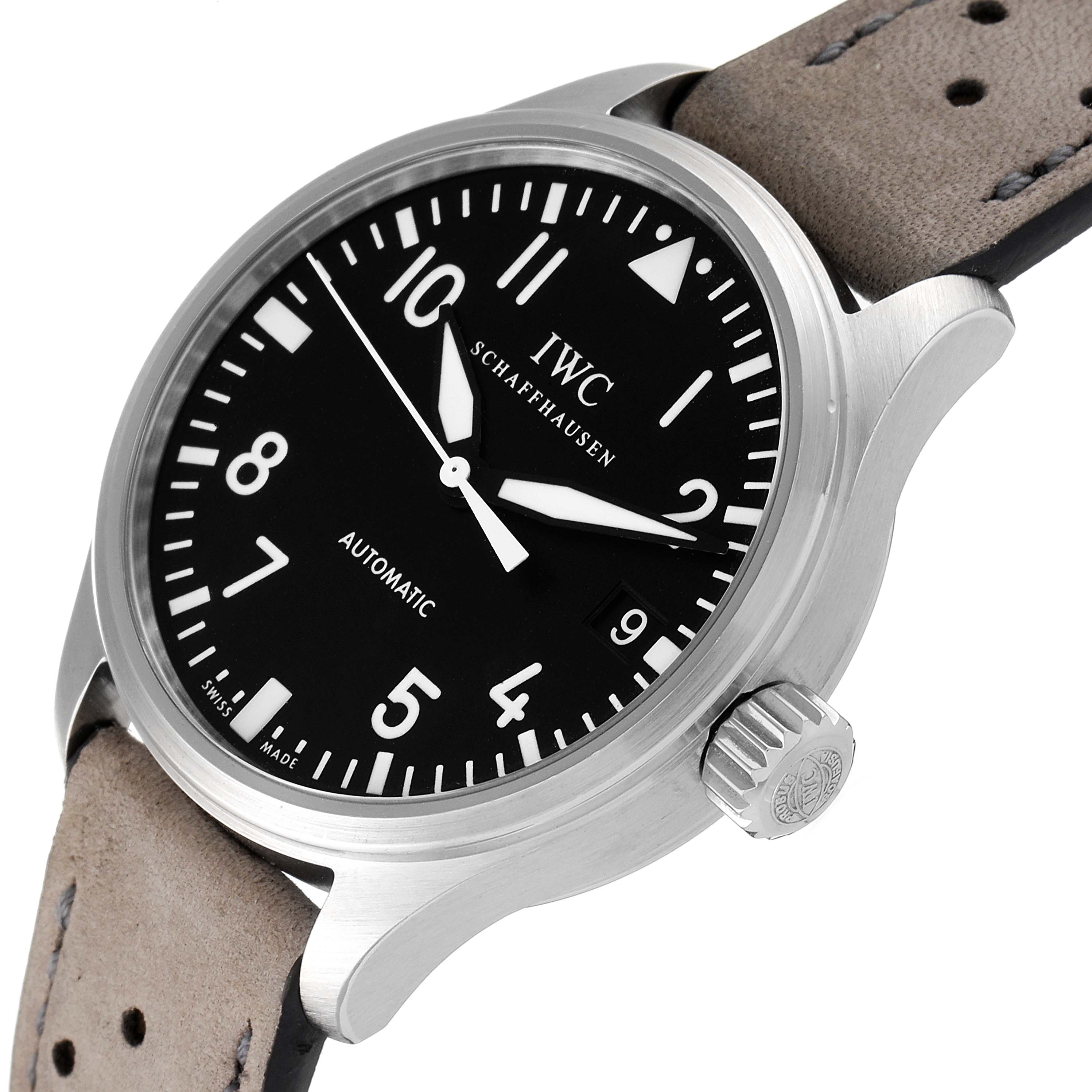 The image shows an oblique angle of the IWC Pilot IW325601 Men's Stainless Steel Black Dial IW325601 Men's Stainless Steel Black Dial watch, displaying the face, crown, and part of the leather strap.