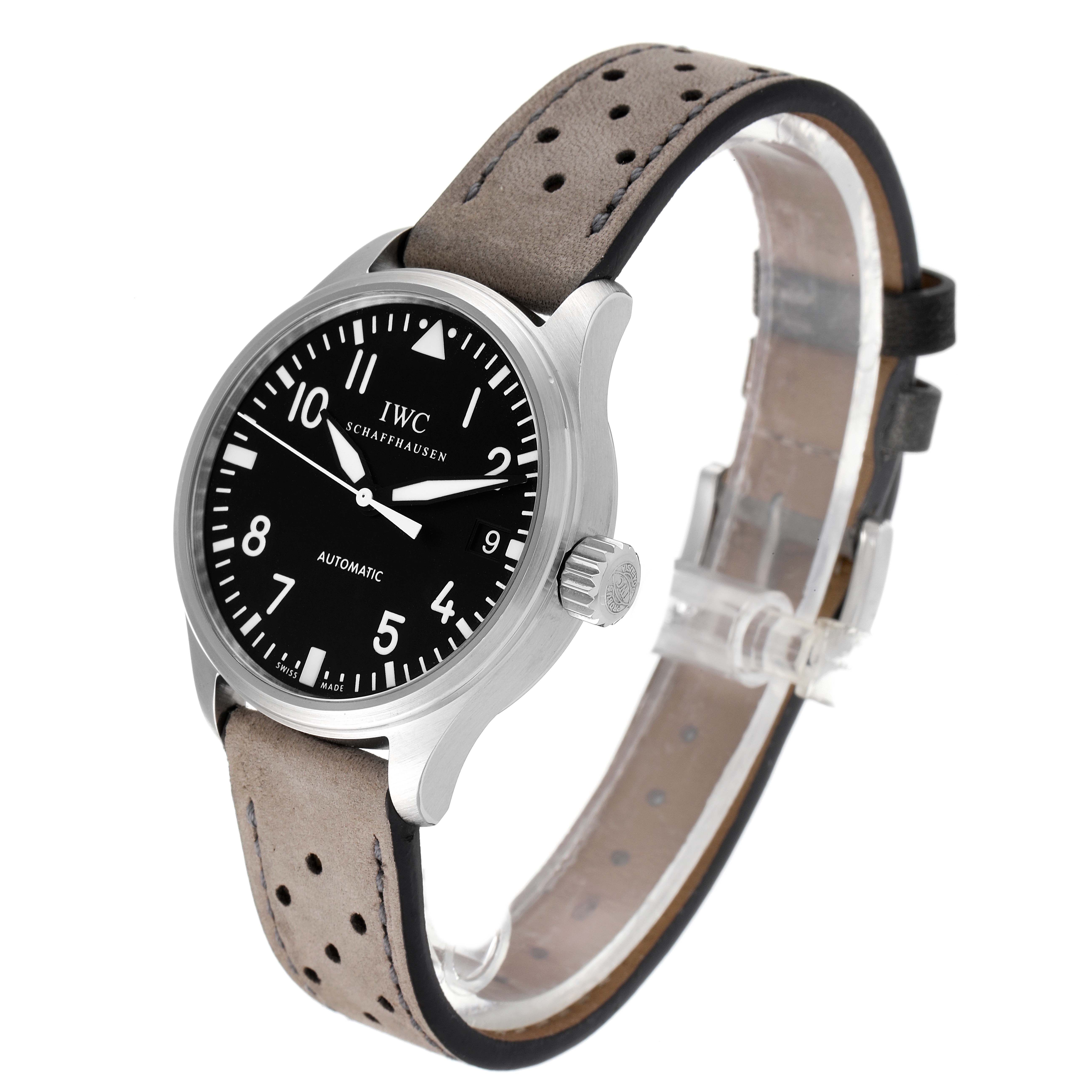 The image shows an angled view of an IWC Pilot IW325601 Men's Stainless Steel Black Dial IW325601 Men's Stainless Steel Black Dial model watch, displaying the face, side crown, and leather strap.