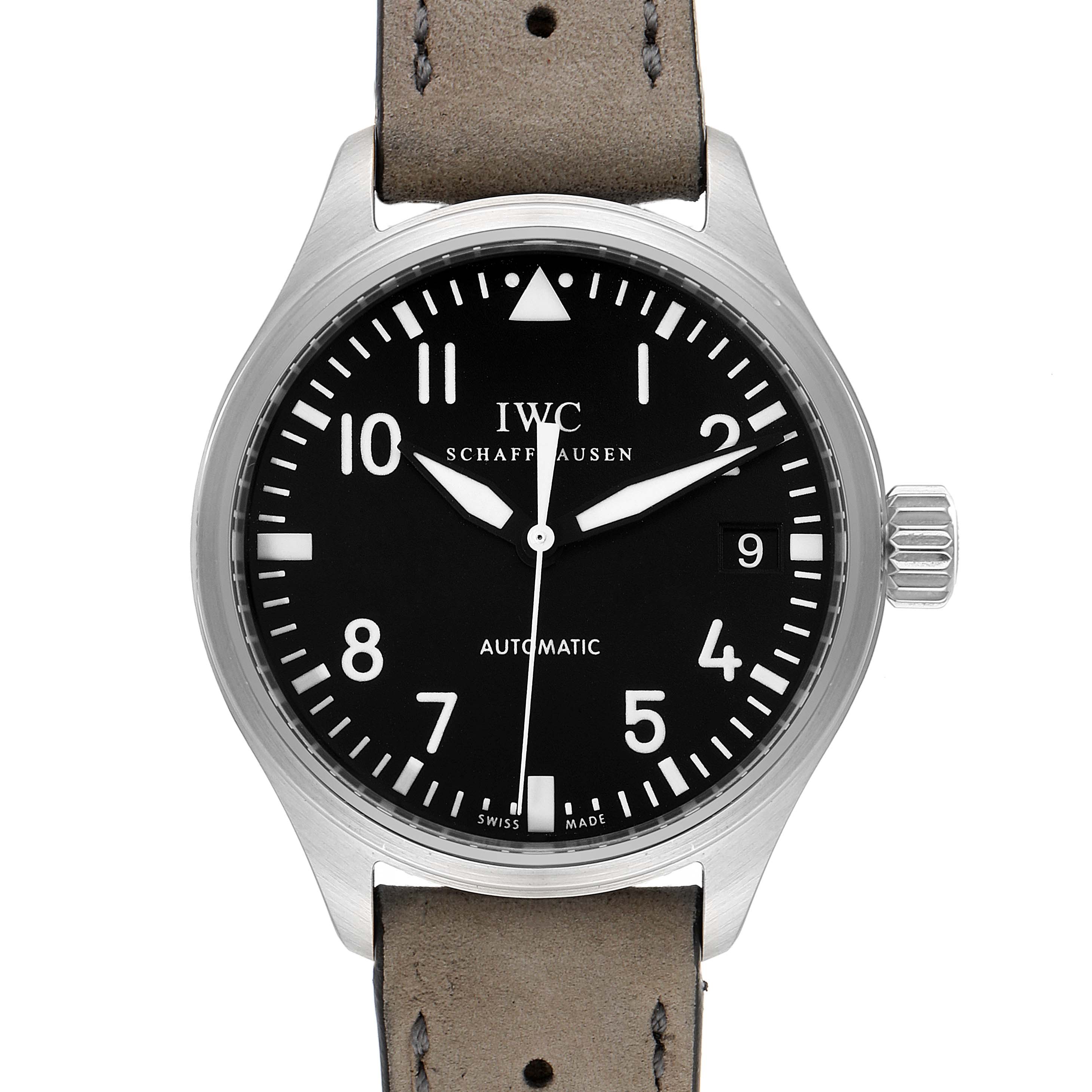 This IWC Pilot IW325601 Men's Stainless Steel Black Dial IW325601 Men's Stainless Steel Black Dial model watch is shown from a front angle, displaying the dial, hands, crown, and part of the strap.