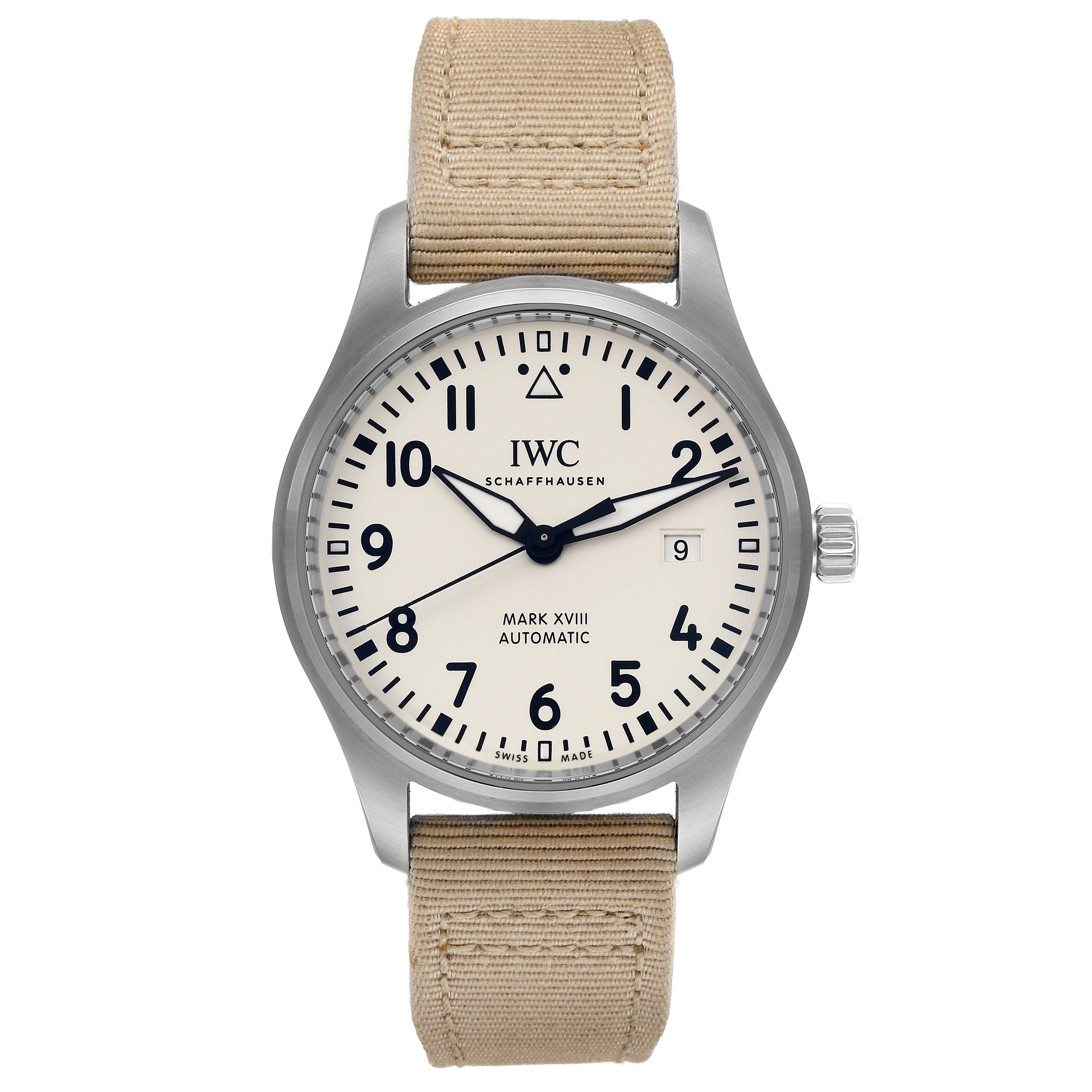 The image shows a frontal view of an IWC Pilot IW327017 Men's Stainless Steel Silver Dial IW327017 Men's Stainless Steel Silver Dial model watch, highlighting its dial, hour markers, hands, and beige fabric strap.