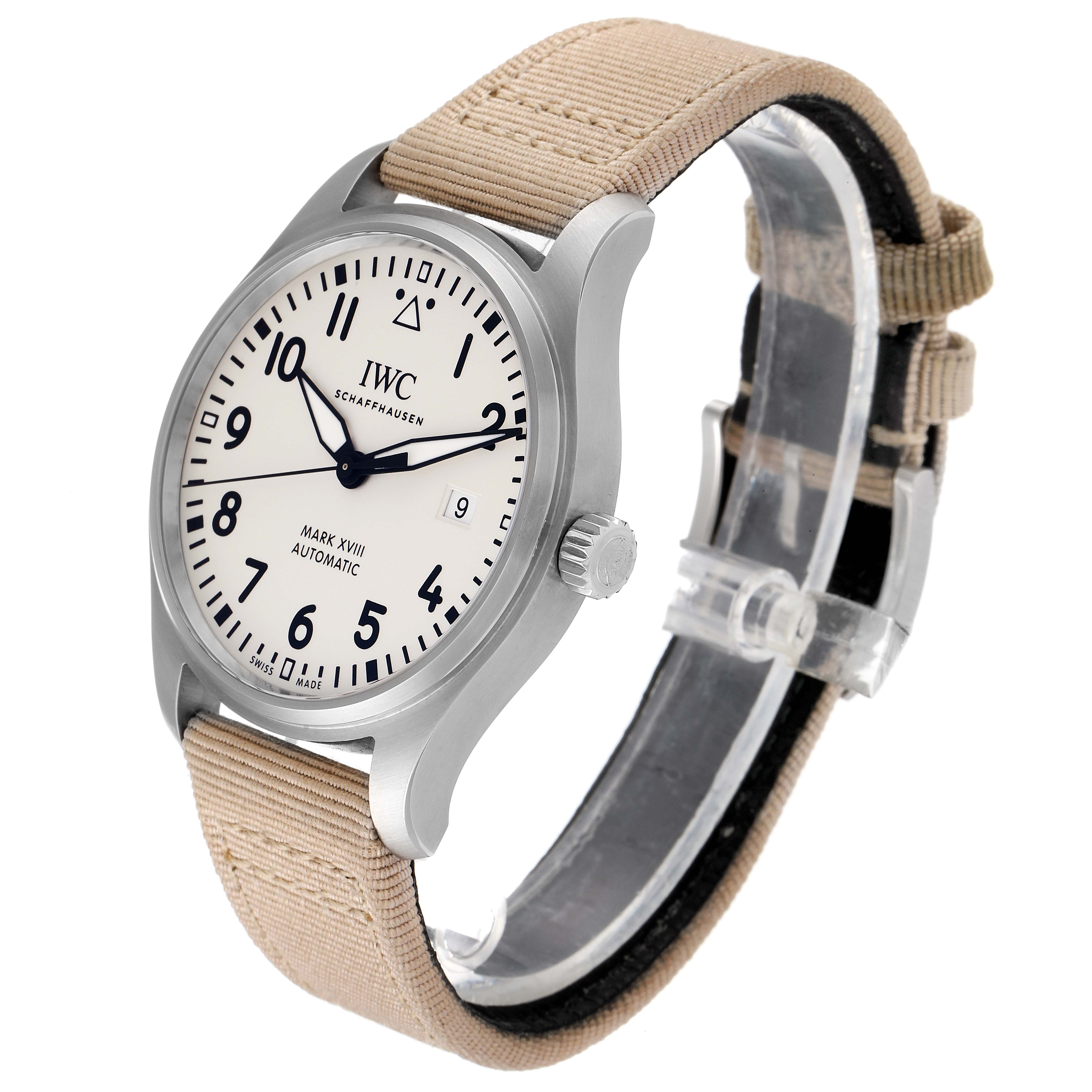 This image shows the IWC Pilot IW327017 Men's Stainless Steel Silver Dial IW327017 Men's Stainless Steel Silver Dial model watch from a front-right angle, highlighting the beige strap, dial, and crown.