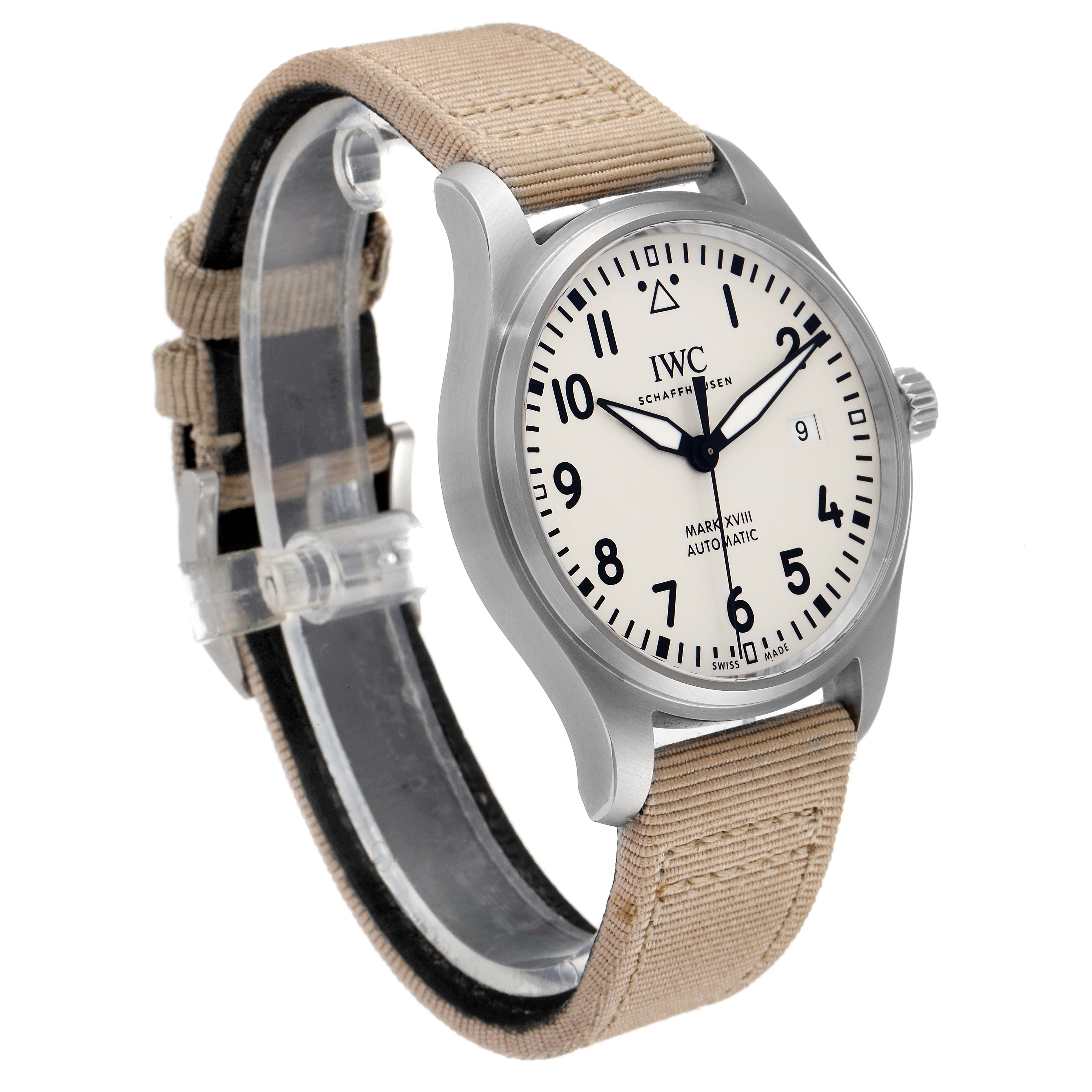 The image shows an IWC Pilot IW327017 Men's Stainless Steel Silver Dial IW327017 Men's Stainless Steel Silver Dial Mark XVIII Automatic watch at a three-quarter angle, displaying the face, bezel, and beige strap.