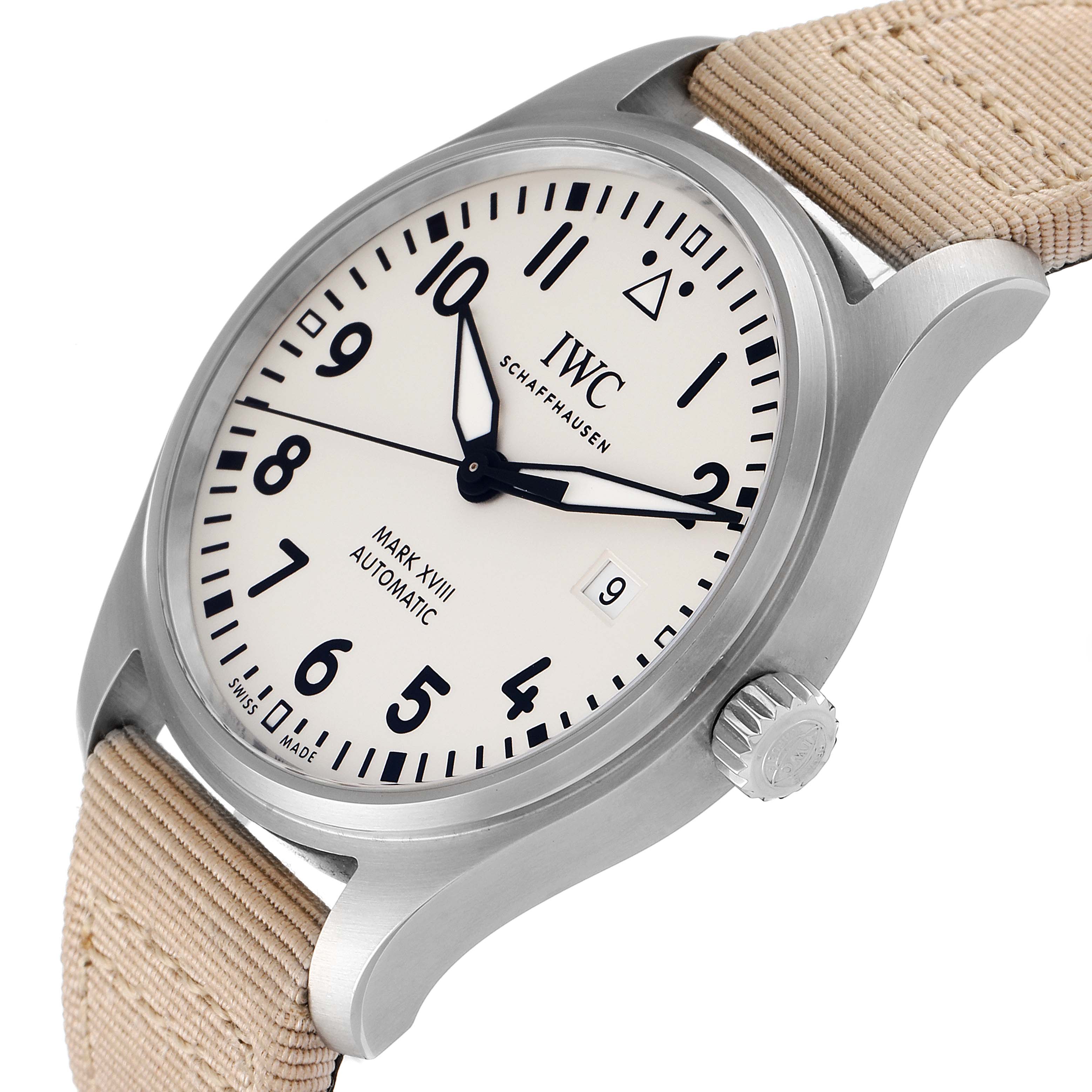 The image shows an IWC Pilot IW327017 Men's Stainless Steel Silver Dial IW327017 Men's Stainless Steel Silver Dial Mark XVIII watch from an angled side view, highlighting the face, strap, and crown.