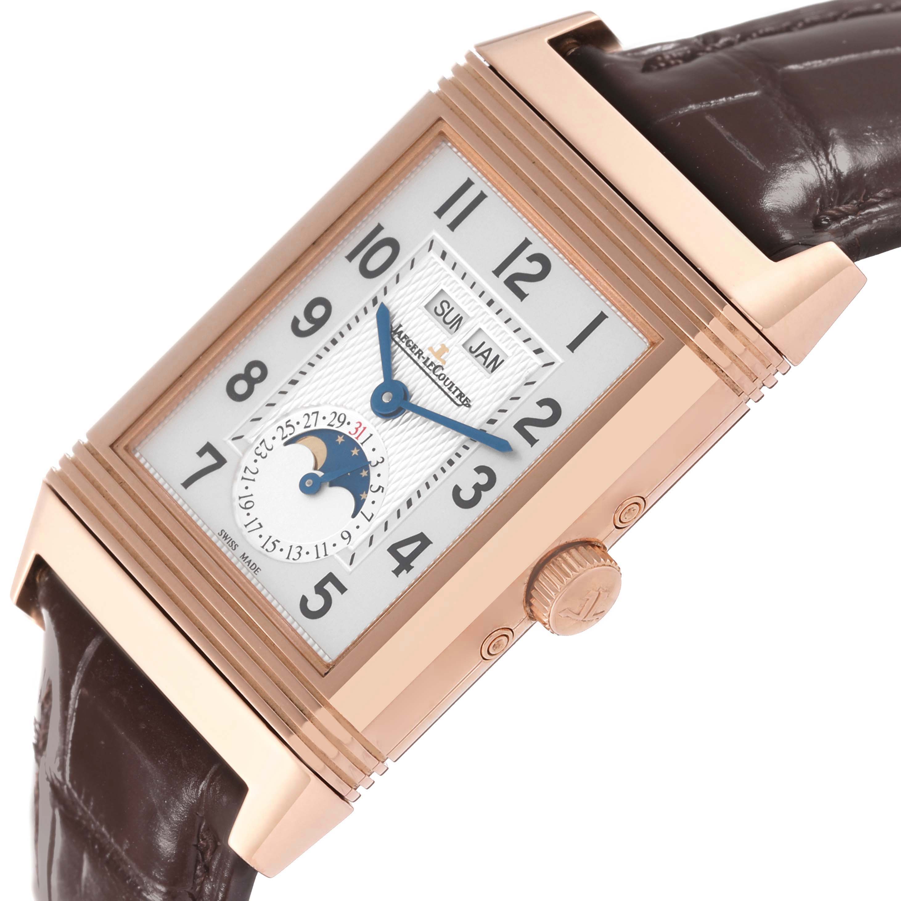 This image shows a side angle of the Jaeger LeCoultre Reverso Q3752520 Men's Rose Gold Silver Dial Q3752520 Men's Rose Gold Silver Dial watch, highlighting its case, dial, crown, and leather strap.