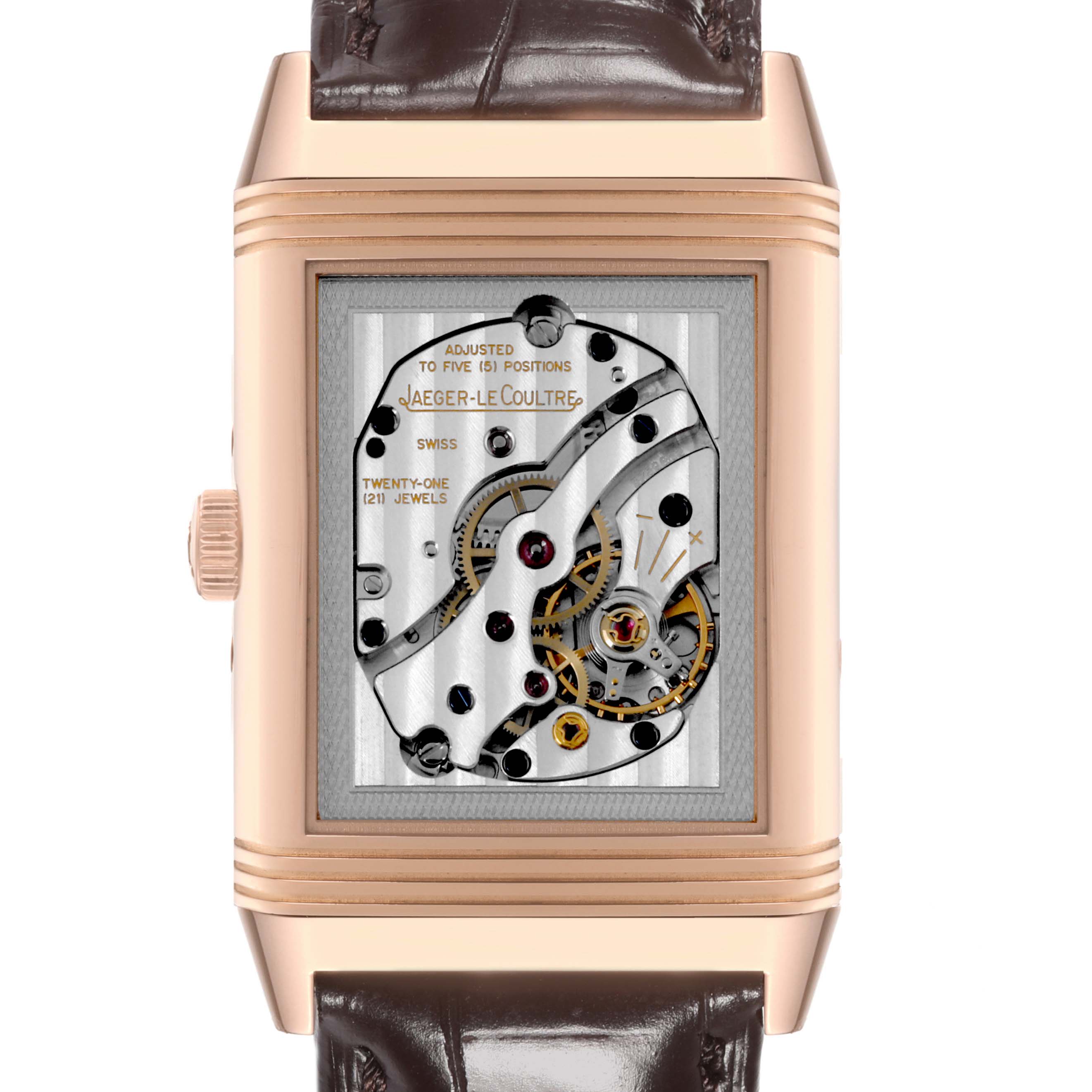 This image shows the back side of the Jaeger LeCoultre Reverso Q3752520 Men's Rose Gold Silver Dial Q3752520 Men's Rose Gold Silver Dial model, highlighting the watch's intricate movement.