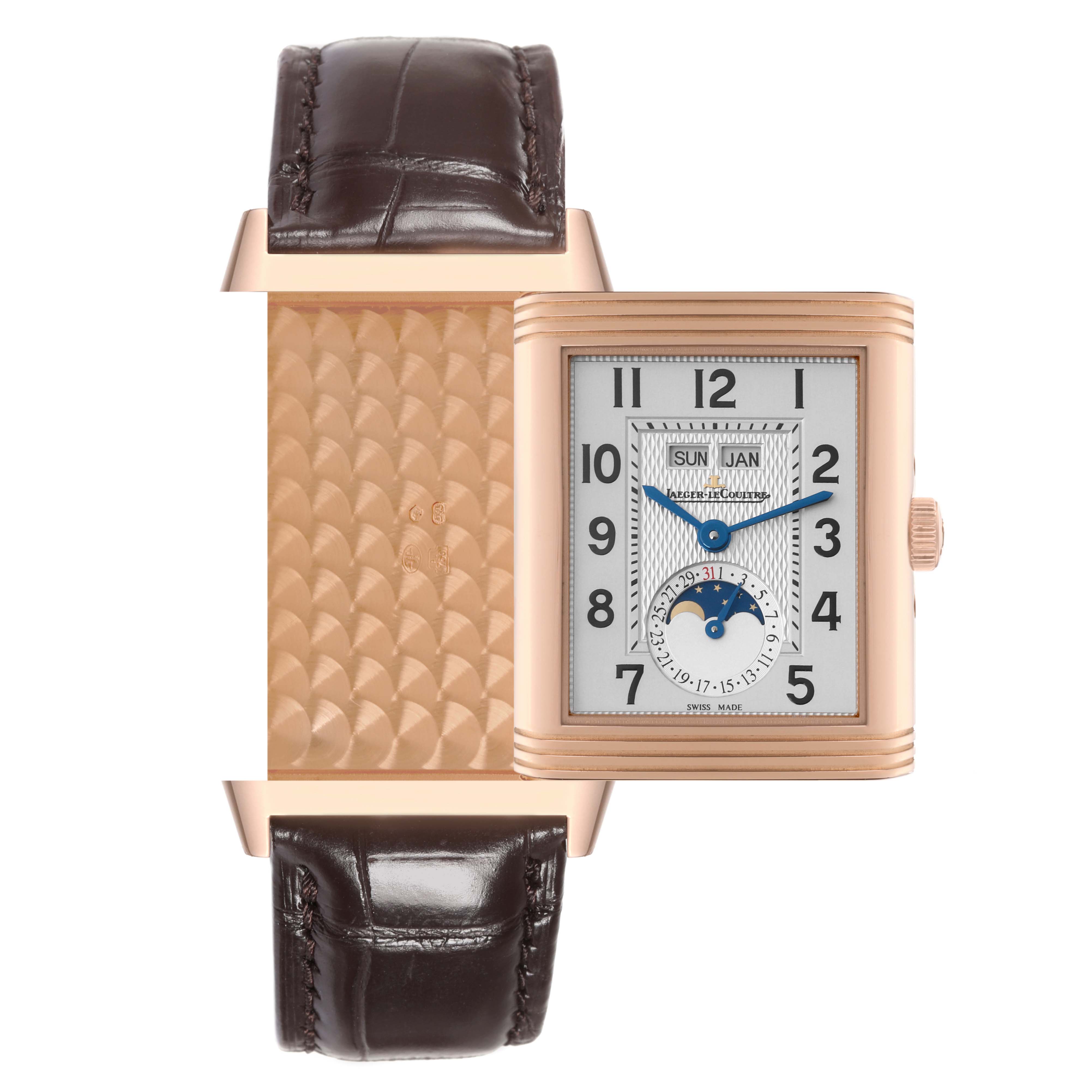The Jaeger LeCoultre Reverso Q3752520 Men's Rose Gold Silver Dial Q3752520 Men's Rose Gold Silver Dial watch is shown with one rectangular face and the back side with a pattern, plus a leather strap.