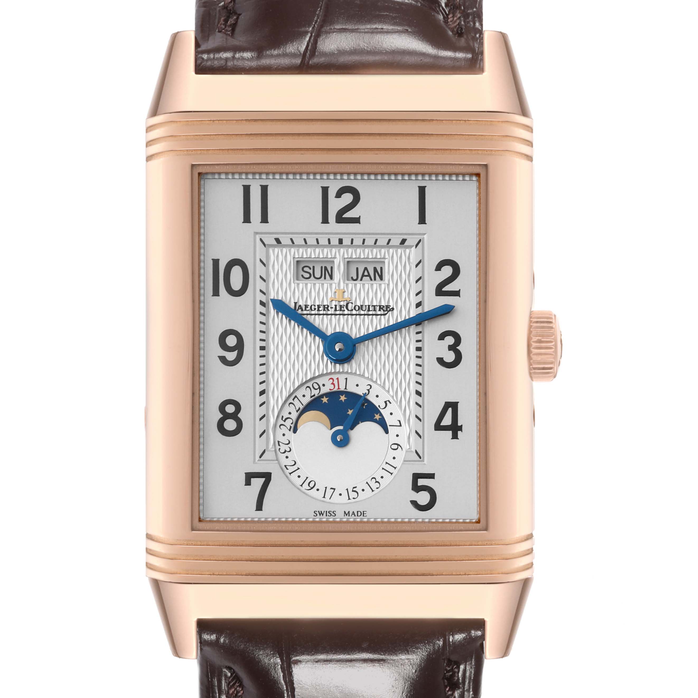 This image shows a front view of the Jaeger-LeCoultre Reverso watch, highlighting its face, numerals, and moon phase sub-dial.