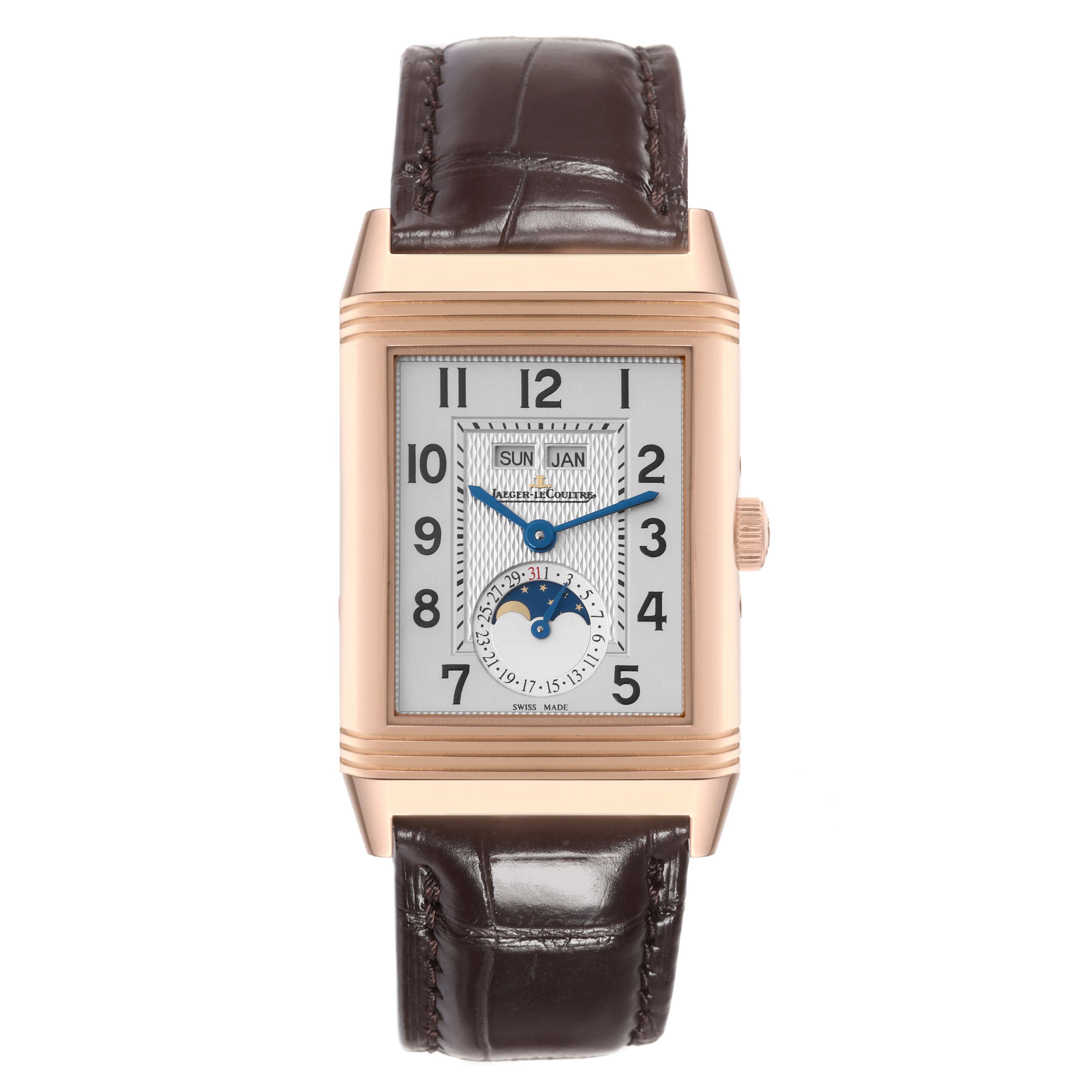 The image shows the front view of a Jaeger LeCoultre Reverso Q3752520 Men's Rose Gold Silver Dial Q3752520 Men's Rose Gold Silver Dial watch with a rectangular face, leather strap, and moon phase indicator.