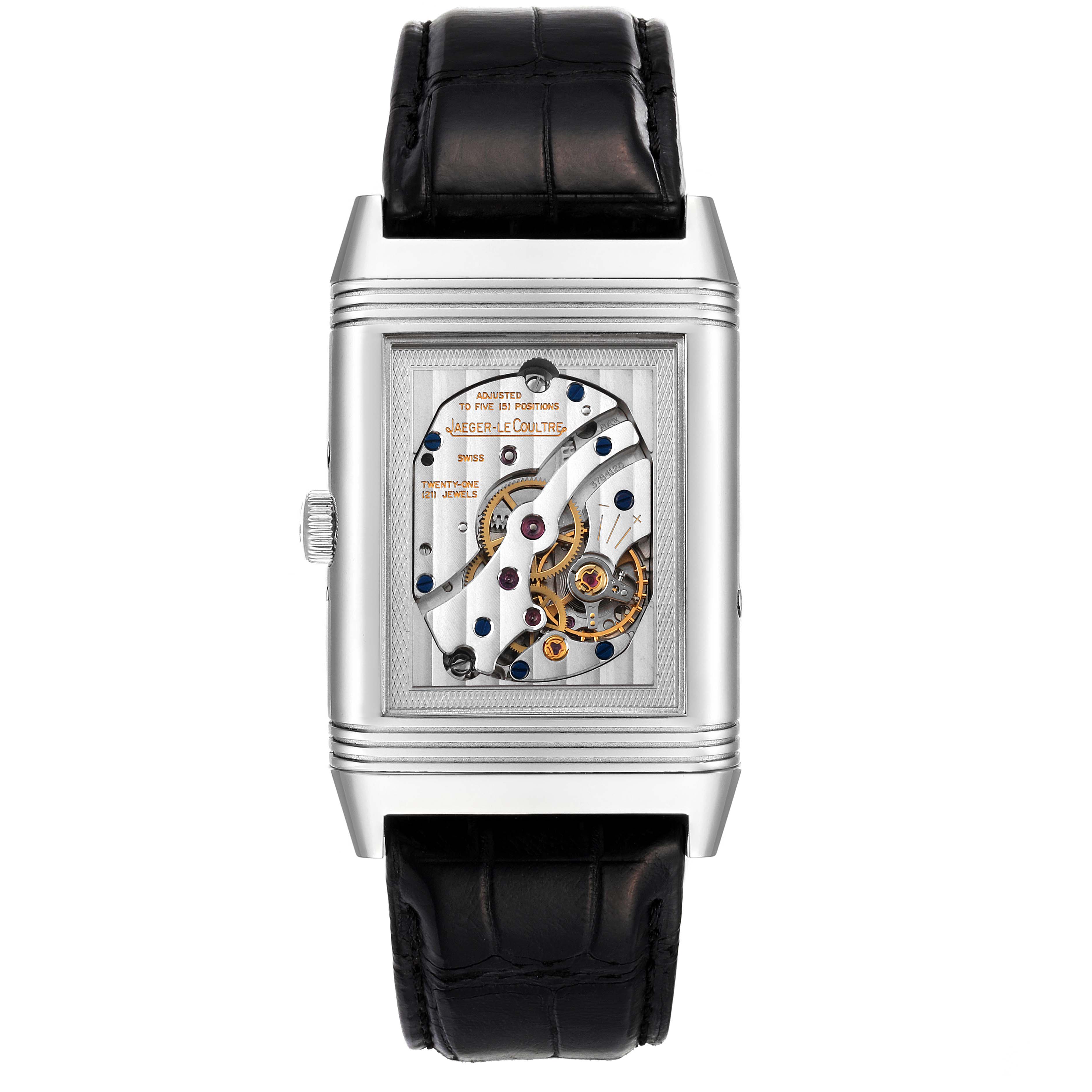 The Jaeger LeCoultre Reverso Q3758420 / 273.8.84 Men's Stainless Steel Silver Dial Q3758420 / 273.8.84 Men's Stainless Steel Silver Dial watch is shown from a front angle displaying its transparent mechanical movement.