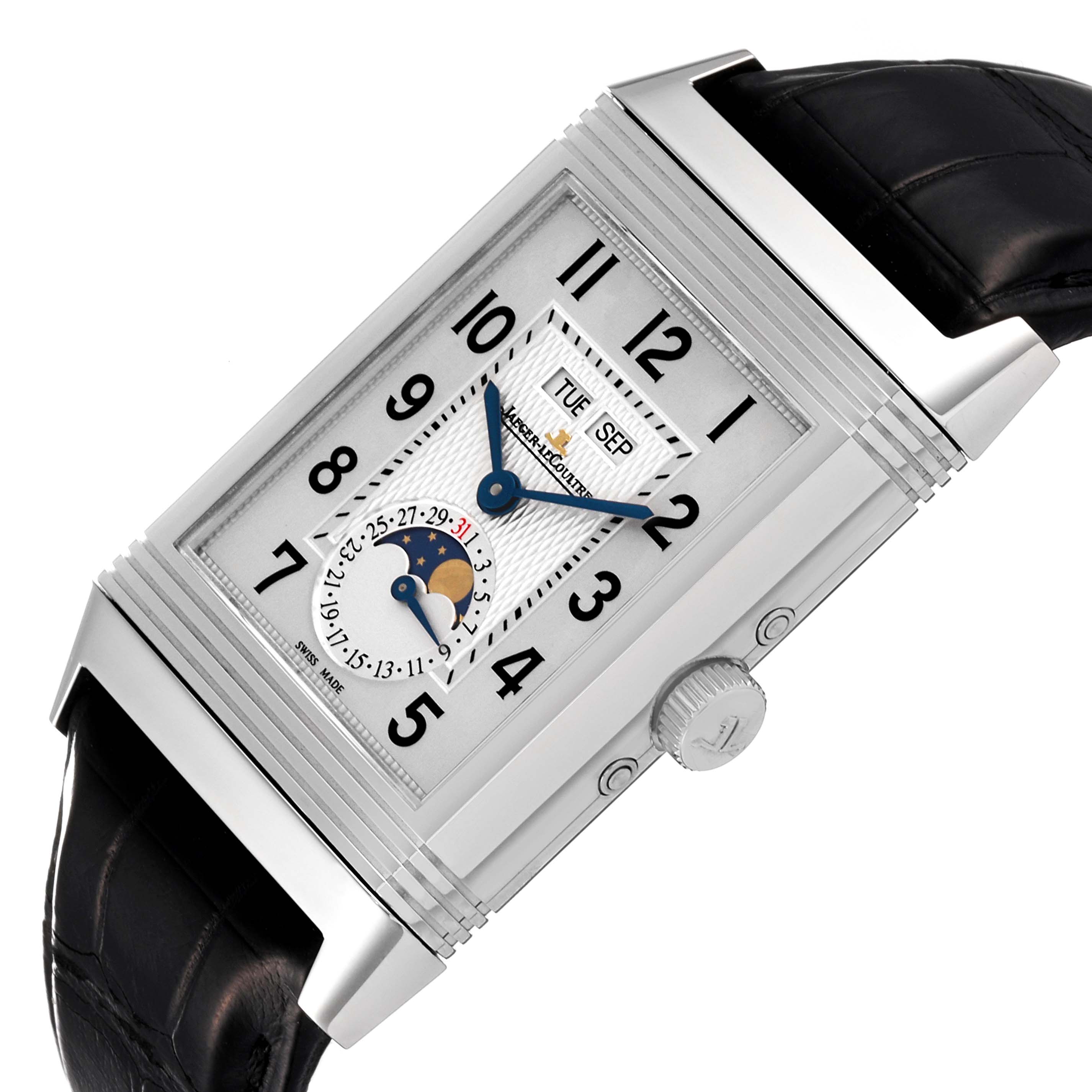 This Jaeger LeCoultre Reverso Q3758420 / 273.8.84 Men's Stainless Steel Silver Dial Q3758420 / 273.8.84 Men's Stainless Steel Silver Dial watch is shown at an angled side view, highlighting the dial, crown, and black leather strap.