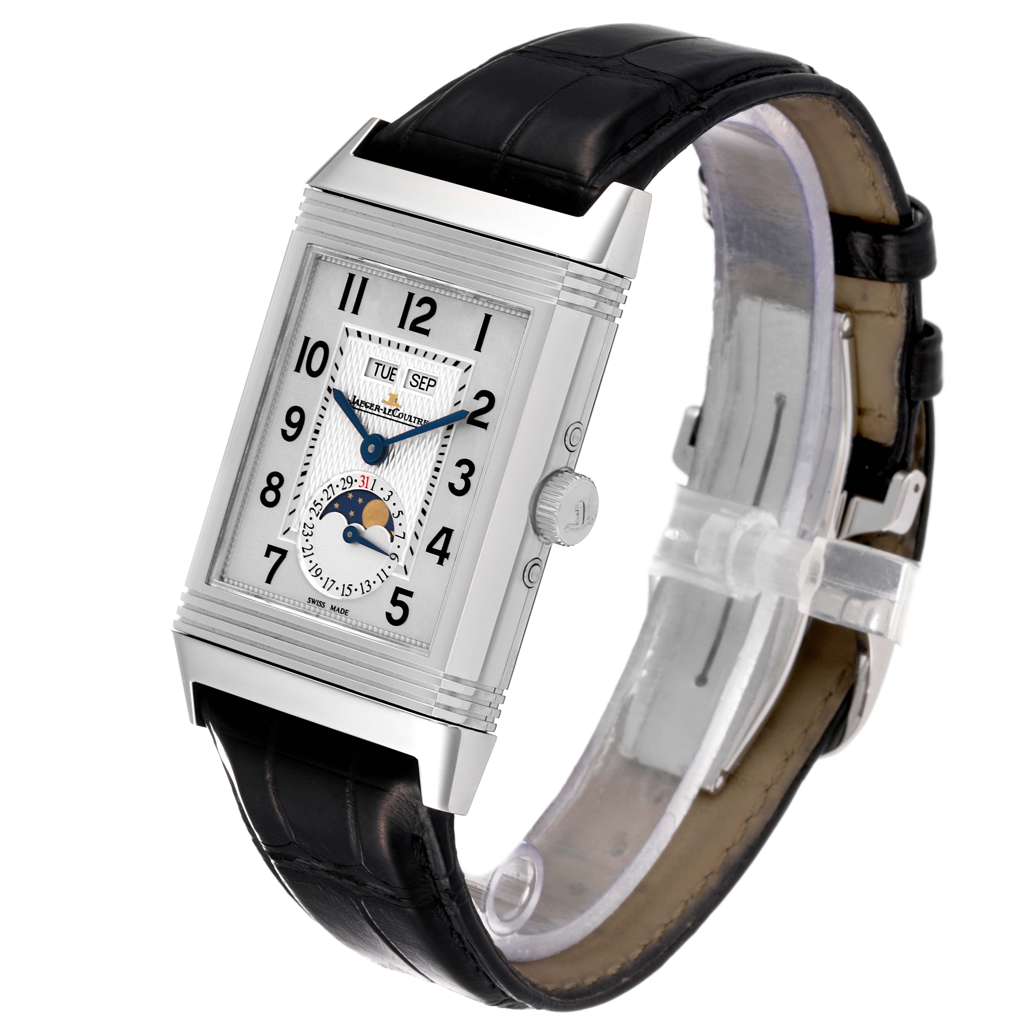 The image shows a Jaeger LeCoultre Reverso Q3758420 / 273.8.84 Men's Stainless Steel Silver Dial Q3758420 / 273.8.84 Men's Stainless Steel Silver Dial watch at a slight angle, highlighting the face, crown, and leather strap.