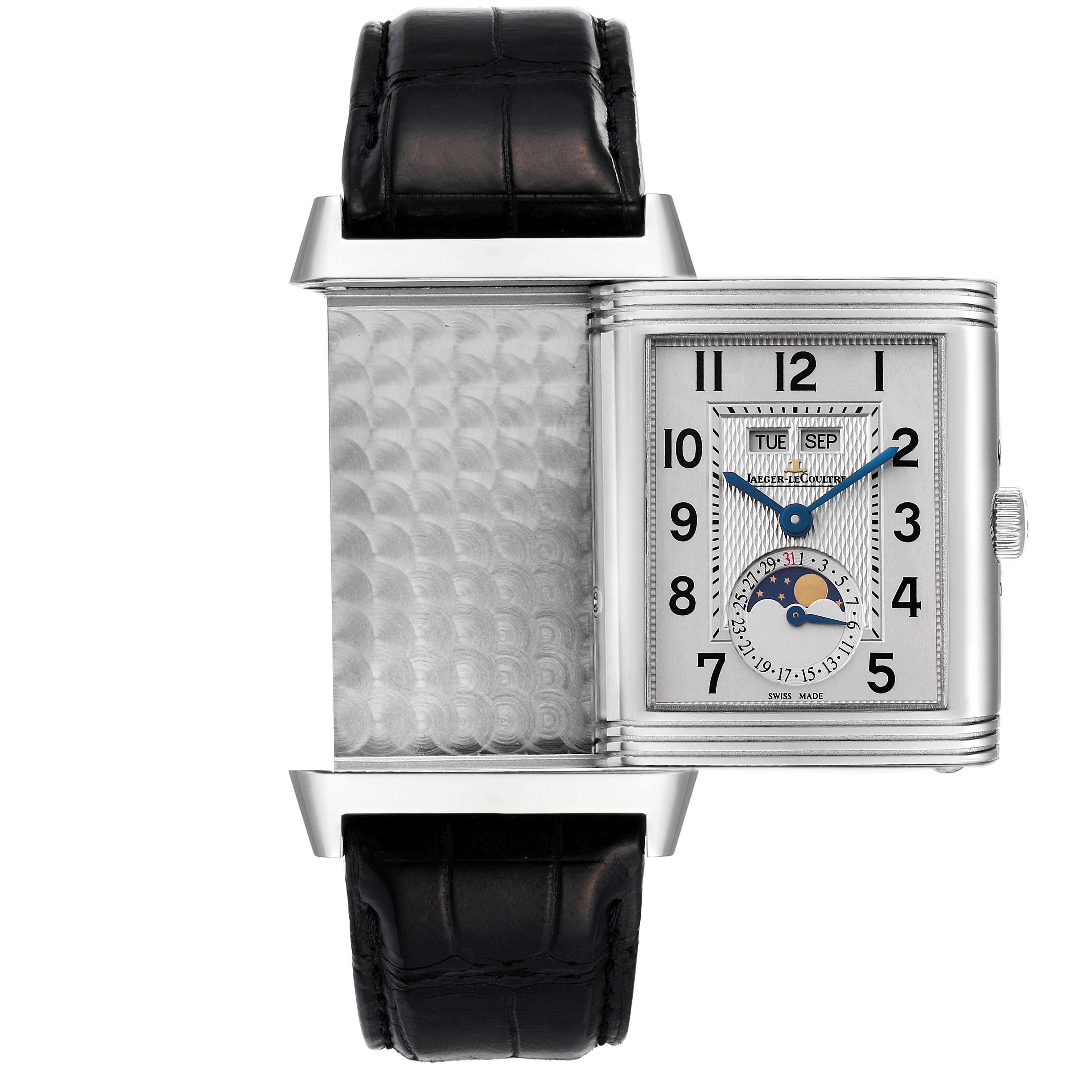 The image shows a Jaeger LeCoultre Reverso Q3758420 / 273.8.84 Men's Stainless Steel Silver Dial Q3758420 / 273.8.84 Men's Stainless Steel Silver Dial watch with its case flipped, revealing the intricate guilloché design on the back.