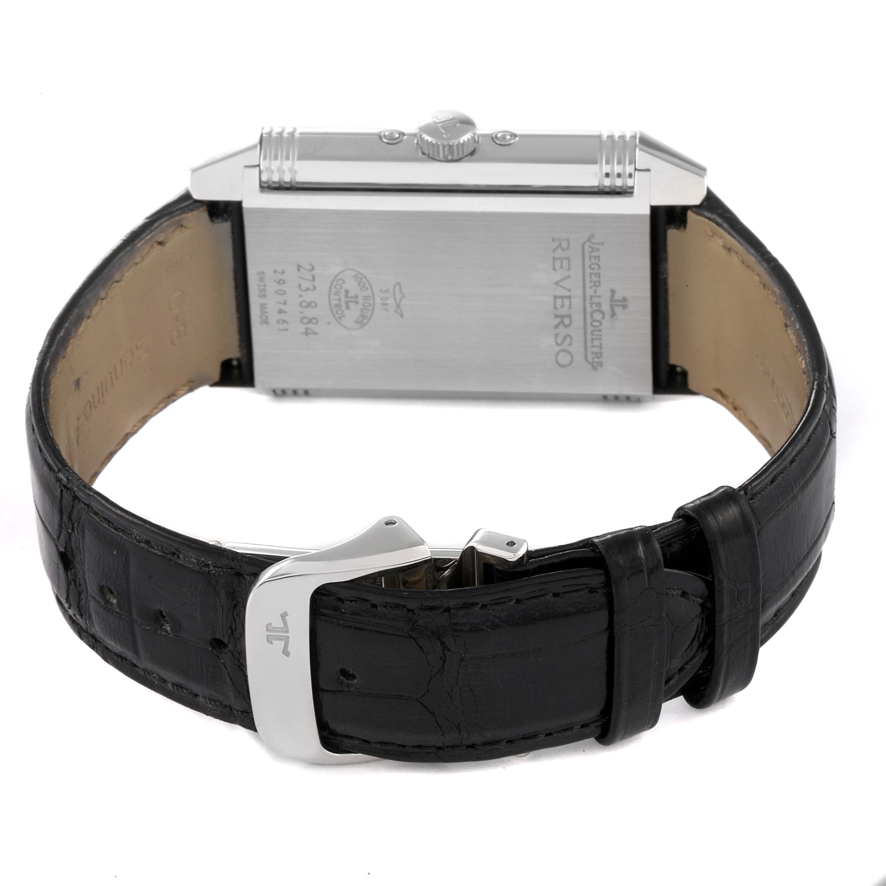 This image shows the back and clasp of a Jaeger LeCoultre Reverso Q3758420 / 273.8.84 Men's Stainless Steel Silver Dial Q3758420 / 273.8.84 Men's Stainless Steel Silver Dial watch.