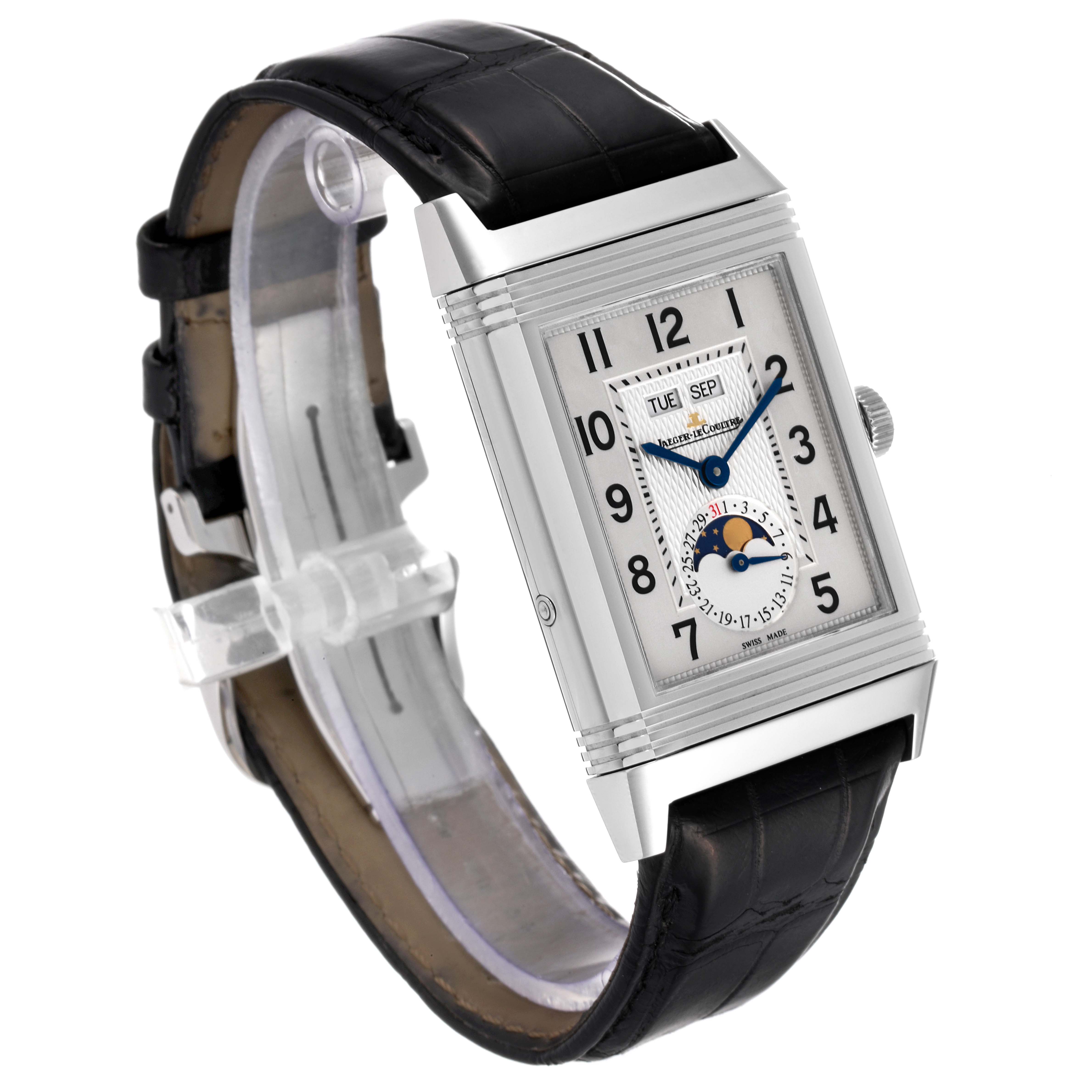 The image shows a Jaeger LeCoultre Reverso Q3758420 / 273.8.84 Men's Stainless Steel Silver Dial Q3758420 / 273.8.84 Men's Stainless Steel Silver Dial watch angled to display its face, strap, and side profile.