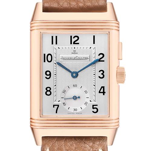 The Jaeger-LeCoultre Reverso watch is shown from the front, displaying the entire face, case, and part of the strap.