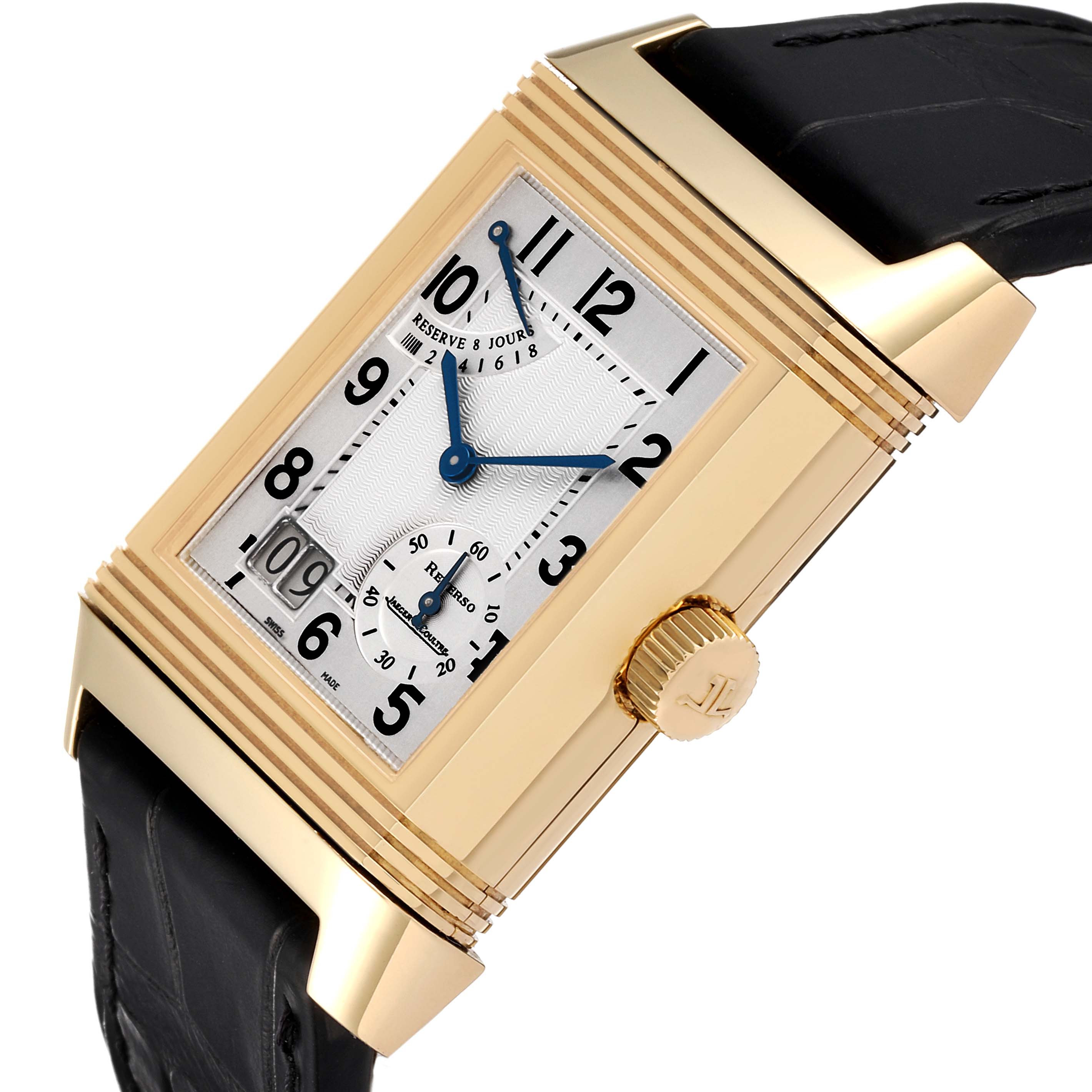 This Jaeger LeCoultre Reverso Q3001420 Men's Yellow Gold Silver Dial Q3001420 Men's Yellow Gold Silver Dial watch is shown at an angled close-up, featuring the dial, crown, and part of the black strap.