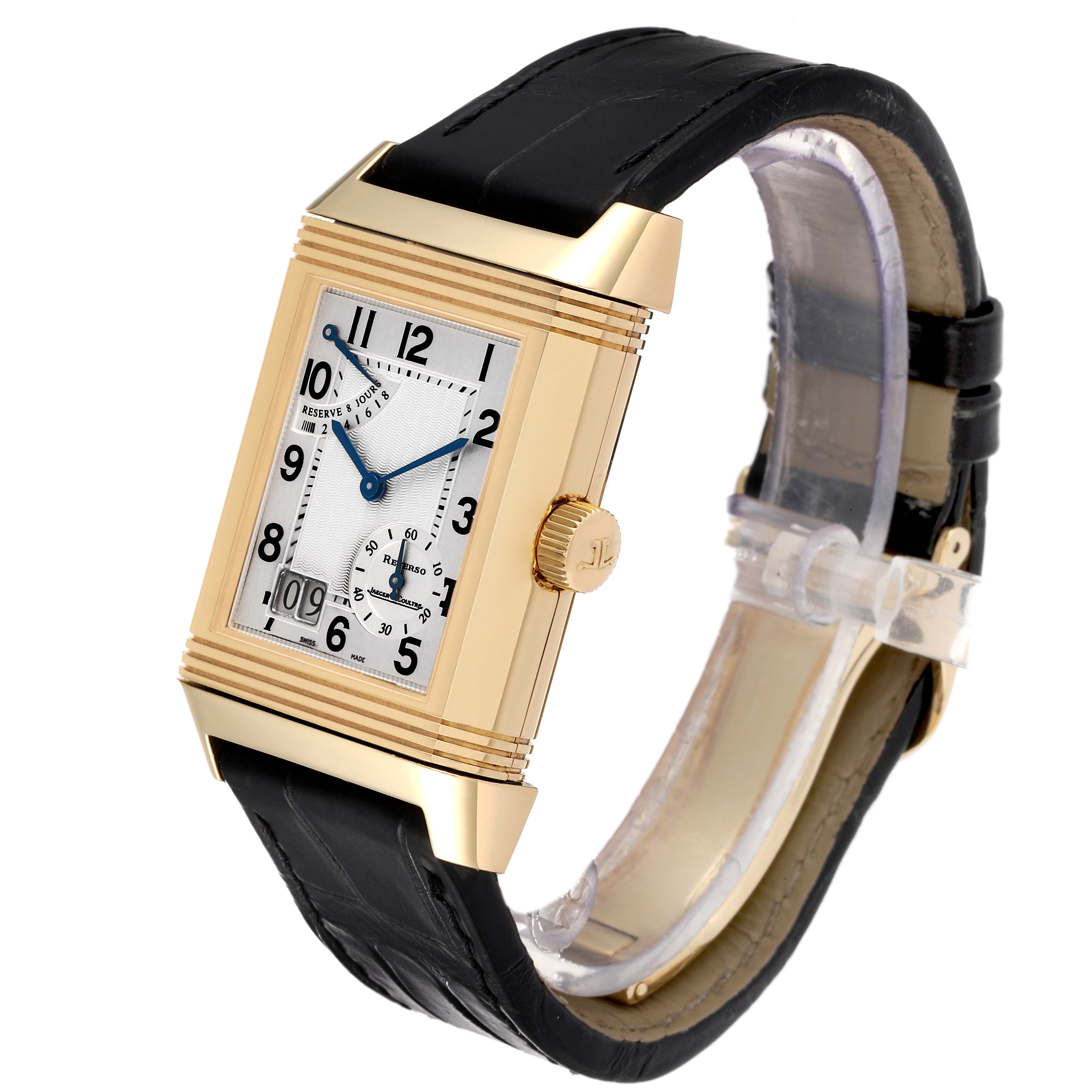 The image shows a side angle of the Jaeger LeCoultre Reverso Q3001420 Men's Yellow Gold Silver Dial Q3001420 Men's Yellow Gold Silver Dial watch, highlighting its rectangular face, gold casing, and black leather strap.