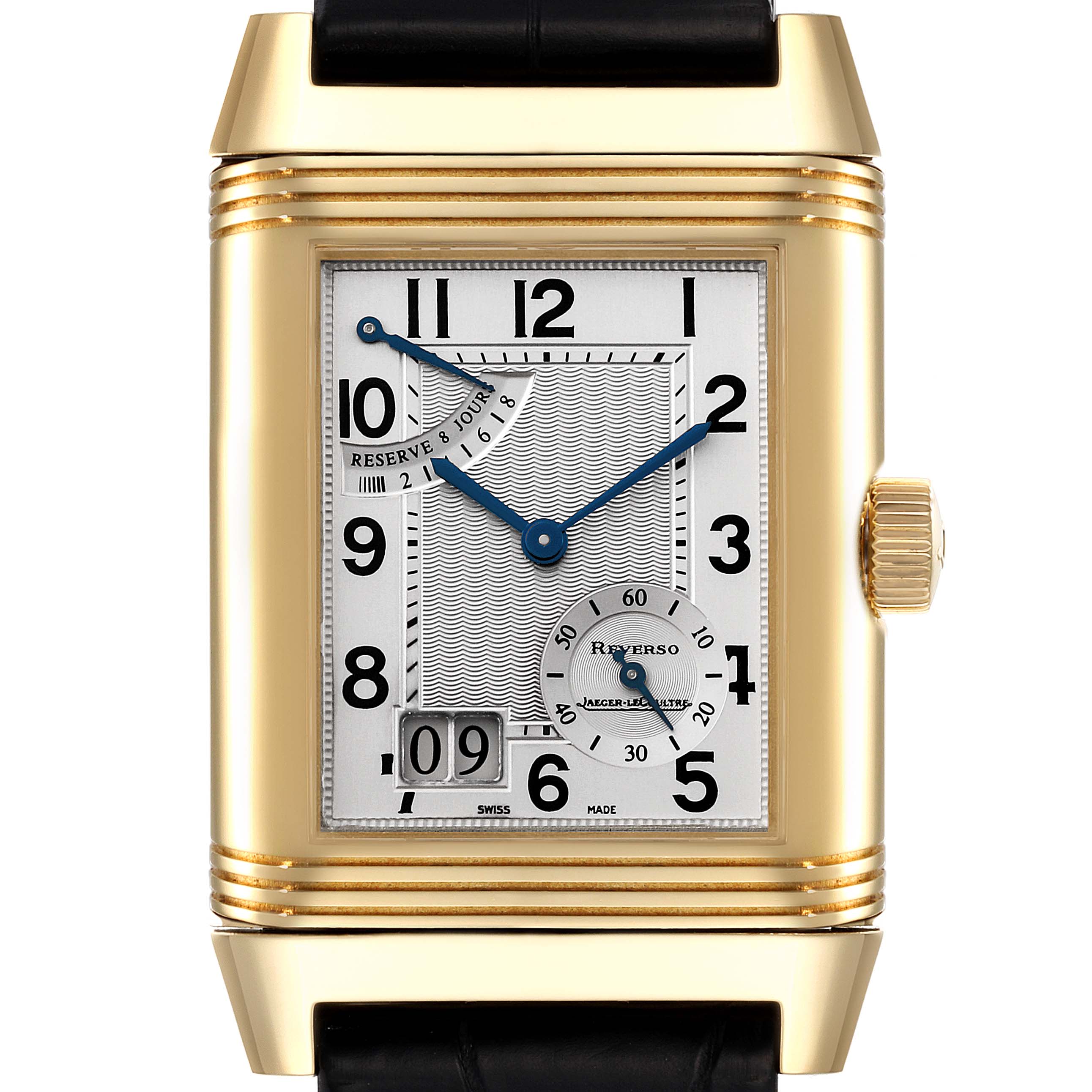 The image shows a front view of a Jaeger-LeCoultre Reverso watch, highlighting its dial, crown, and strap.