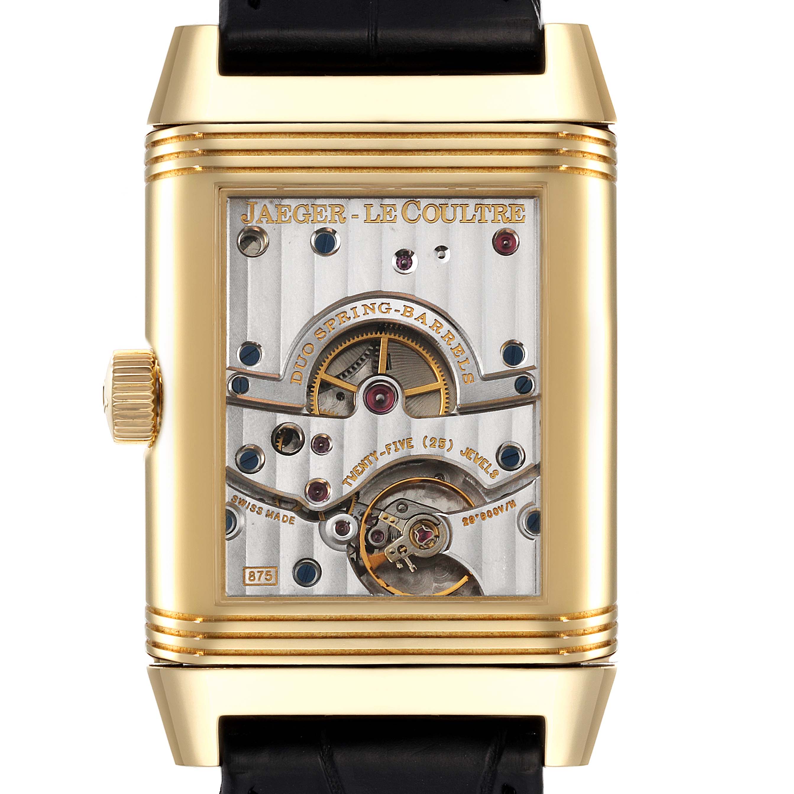 The image shows the back view of a Jaeger LeCoultre Reverso Q3001420 Men's Yellow Gold Silver Dial Q3001420 Men's Yellow Gold Silver Dial watch, revealing its intricate mechanical movement.