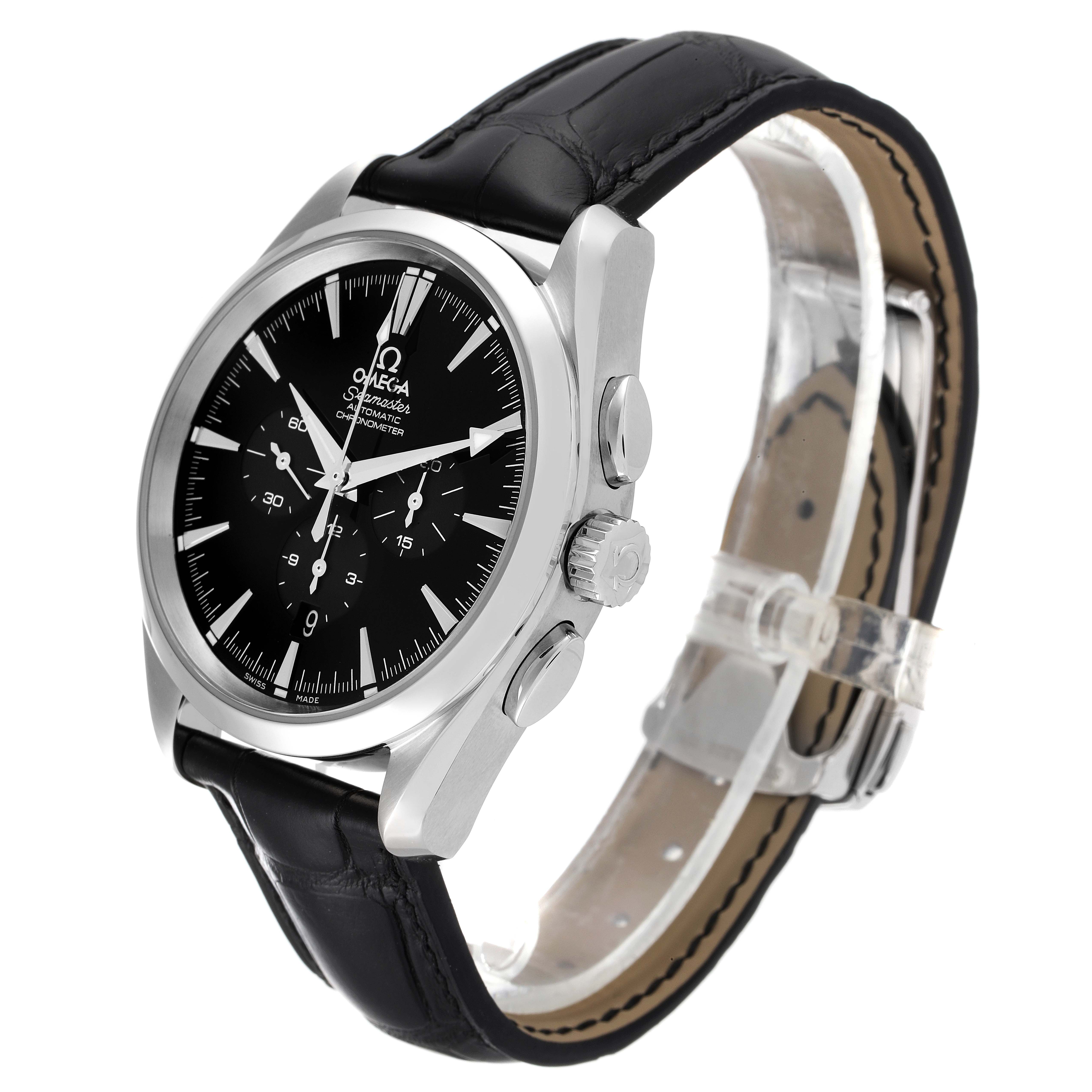 This image shows a side and front angled view of the Omega Aqua Terra 2812.50.31 Men's Stainless Steel Black Dial 2812.50.31 Men's Stainless Steel Black Dial watch, highlighting the dial, crown, pushers, and leather strap.