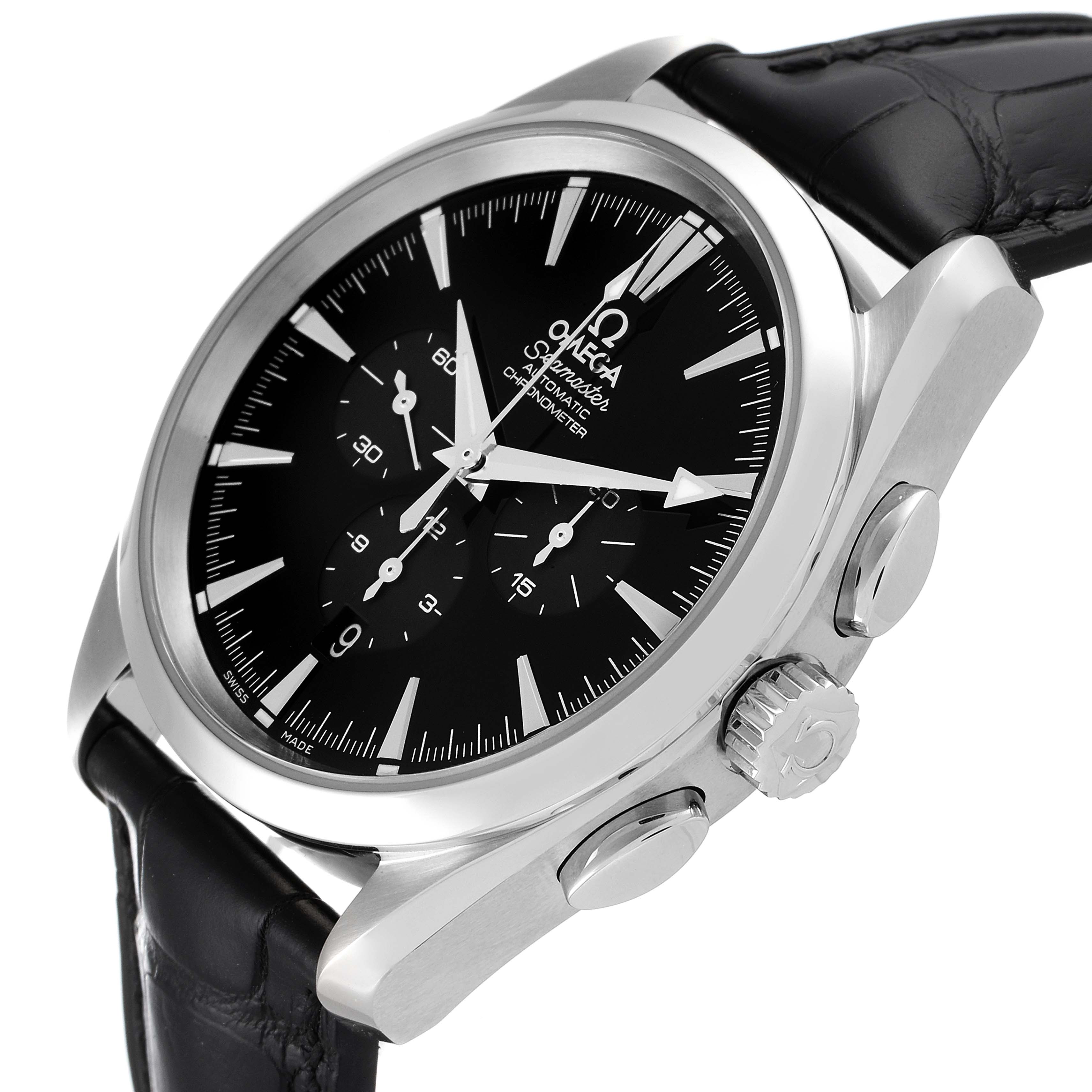 The image shows an angled view of the Omega Aqua Terra 2812.50.31 Men's Stainless Steel Black Dial 2812.50.31 Men's Stainless Steel Black Dial watch, highlighting its face, bezel, crown, pushers, and leather strap.