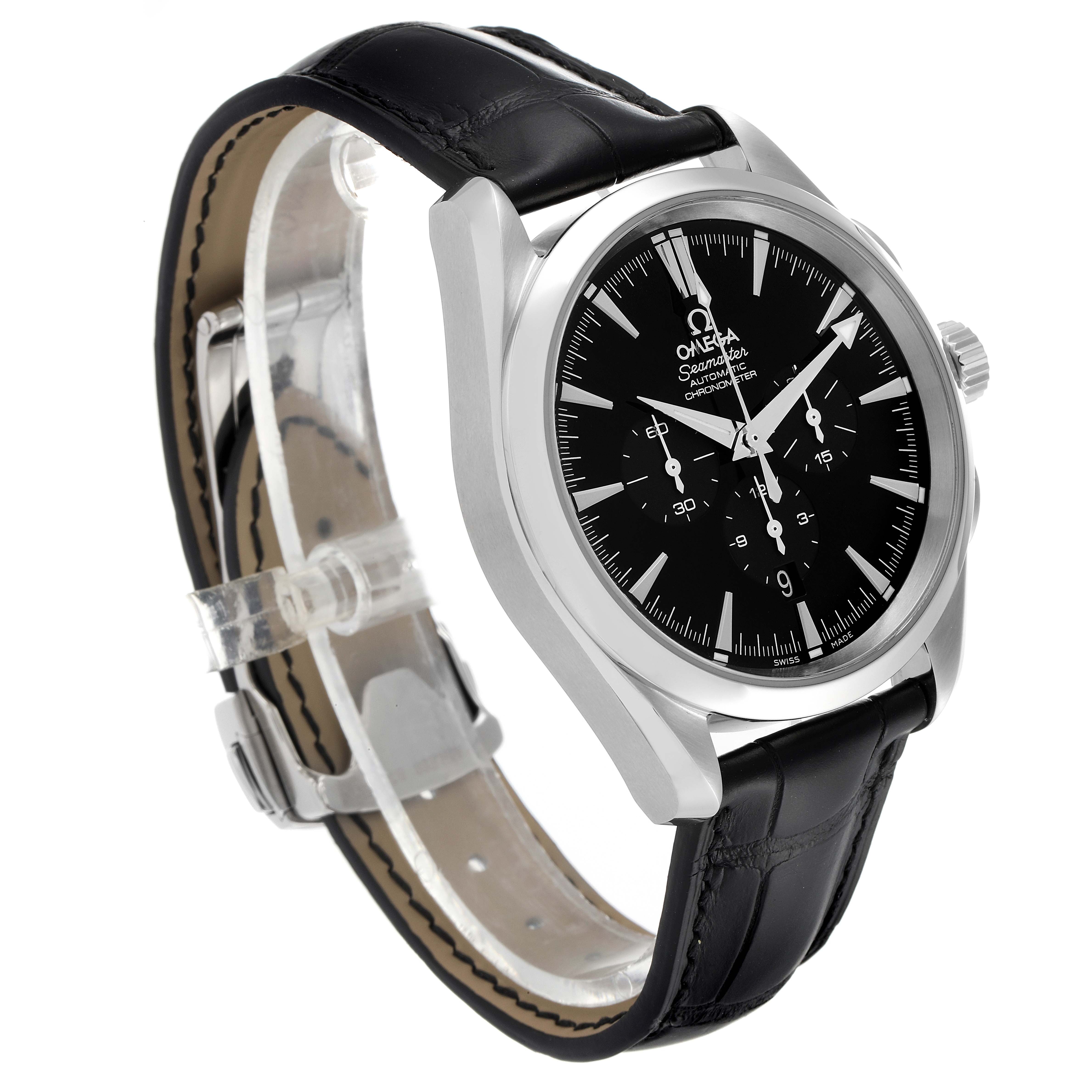 The image shows an Omega Aqua Terra 2812.50.31 Men's Stainless Steel Black Dial 2812.50.31 Men's Stainless Steel Black Dial watch at a three-quarter angle, highlighting the black dial, silver case, and leather strap.