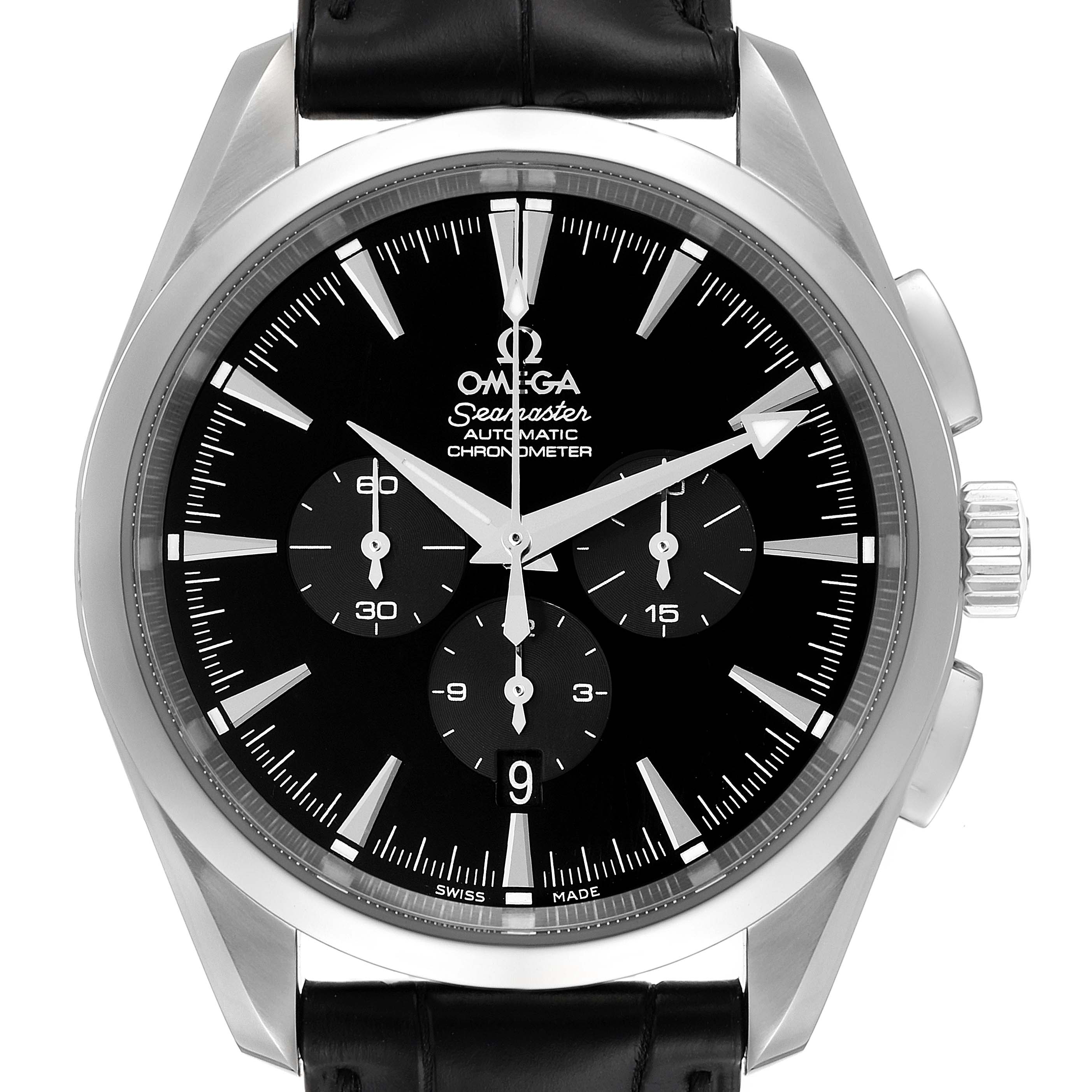The image shows a frontal view of an Omega Aqua Terra 2812.50.31 Men's Stainless Steel Black Dial 2812.50.31 Men's Stainless Steel Black Dial watch, featuring a black dial with three subdials and a black leather strap.
