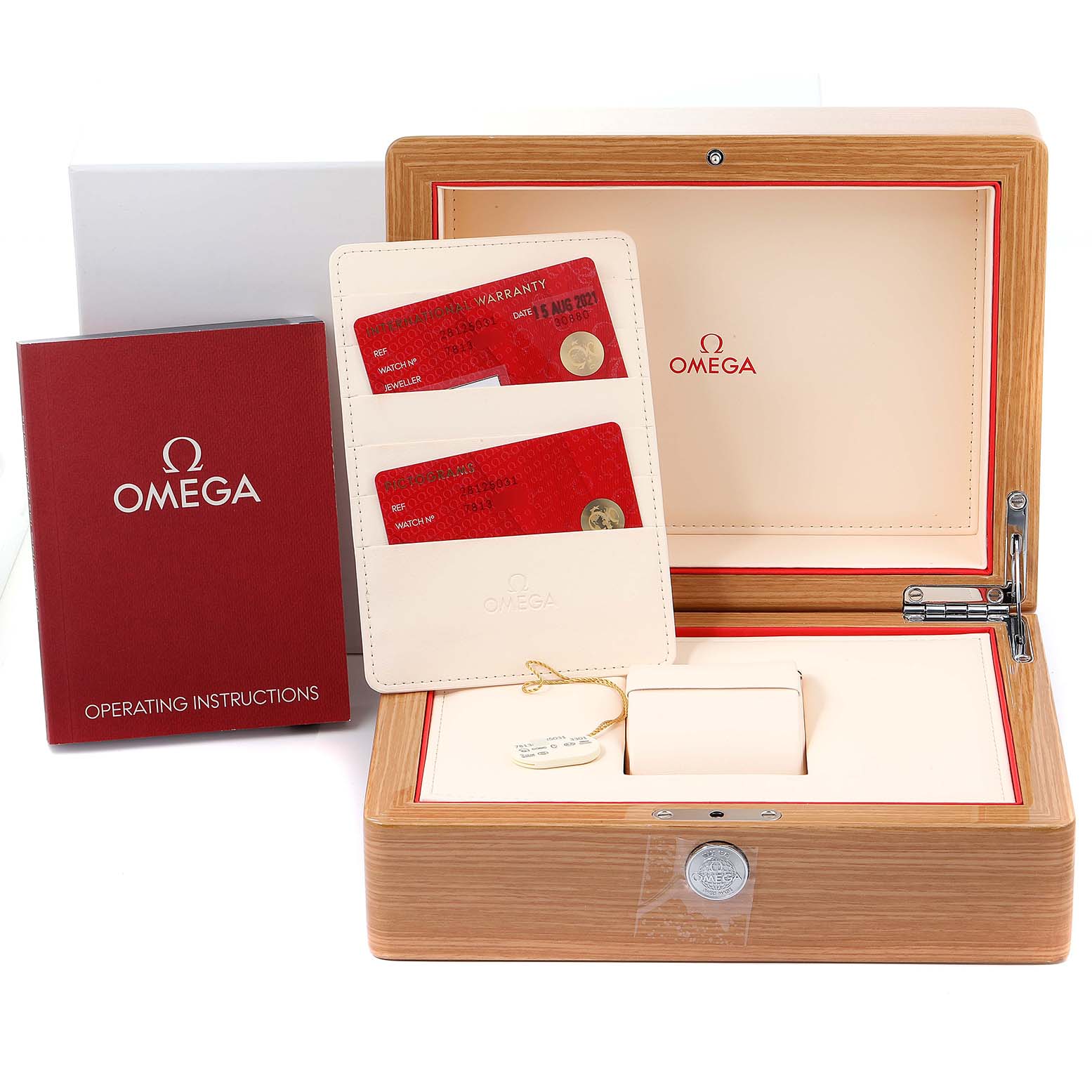 The image shows the Omega Aqua Terra 2812.50.31 Men's Stainless Steel Black Dial 2812.50.31 Men's Stainless Steel Black Dial watch packaging, warranty cards, instruction booklet, and wooden box.