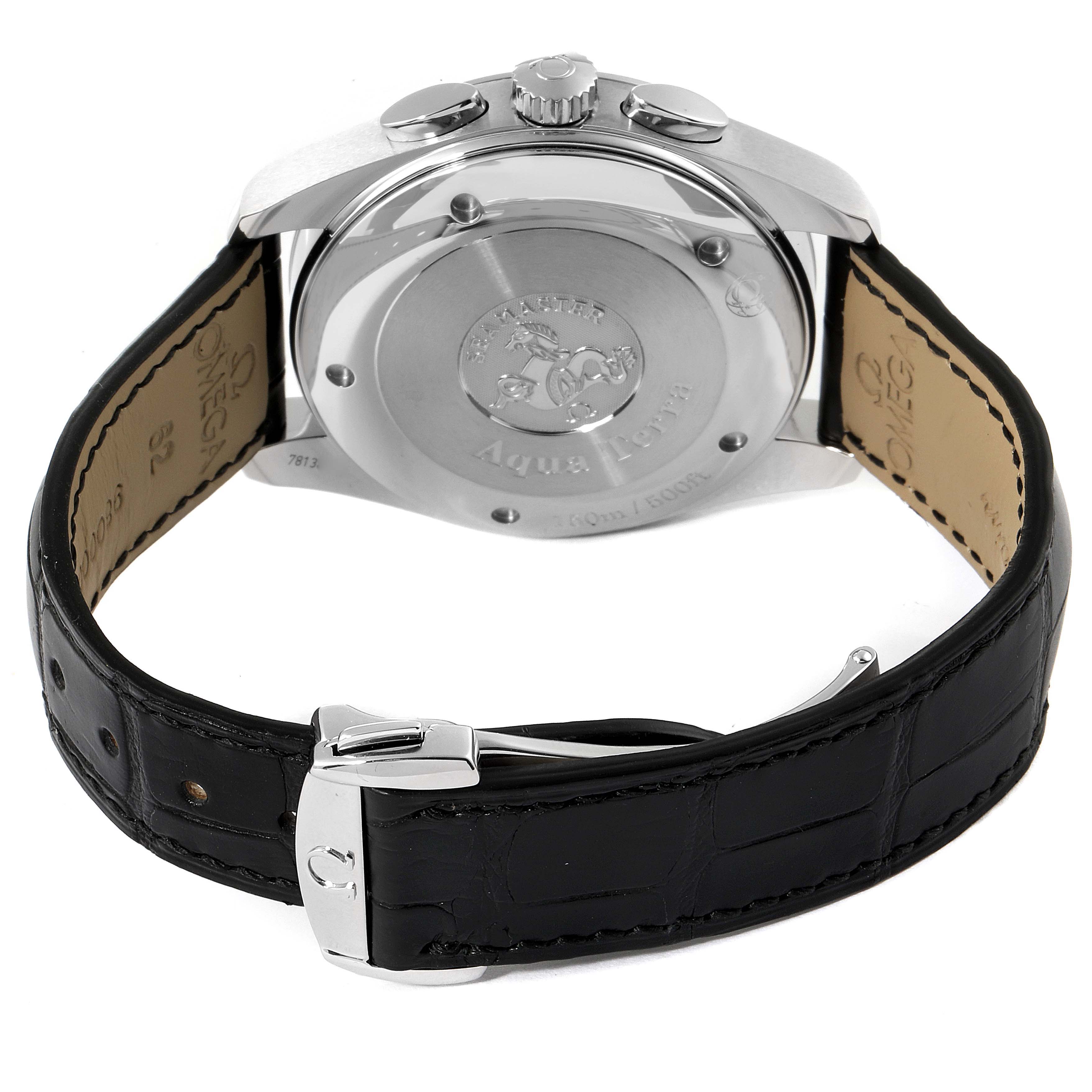 This image shows the back case and leather strap of an Omega Aqua Terra 2812.50.31 Men's Stainless Steel Black Dial 2812.50.31 Men's Stainless Steel Black Dial watch.