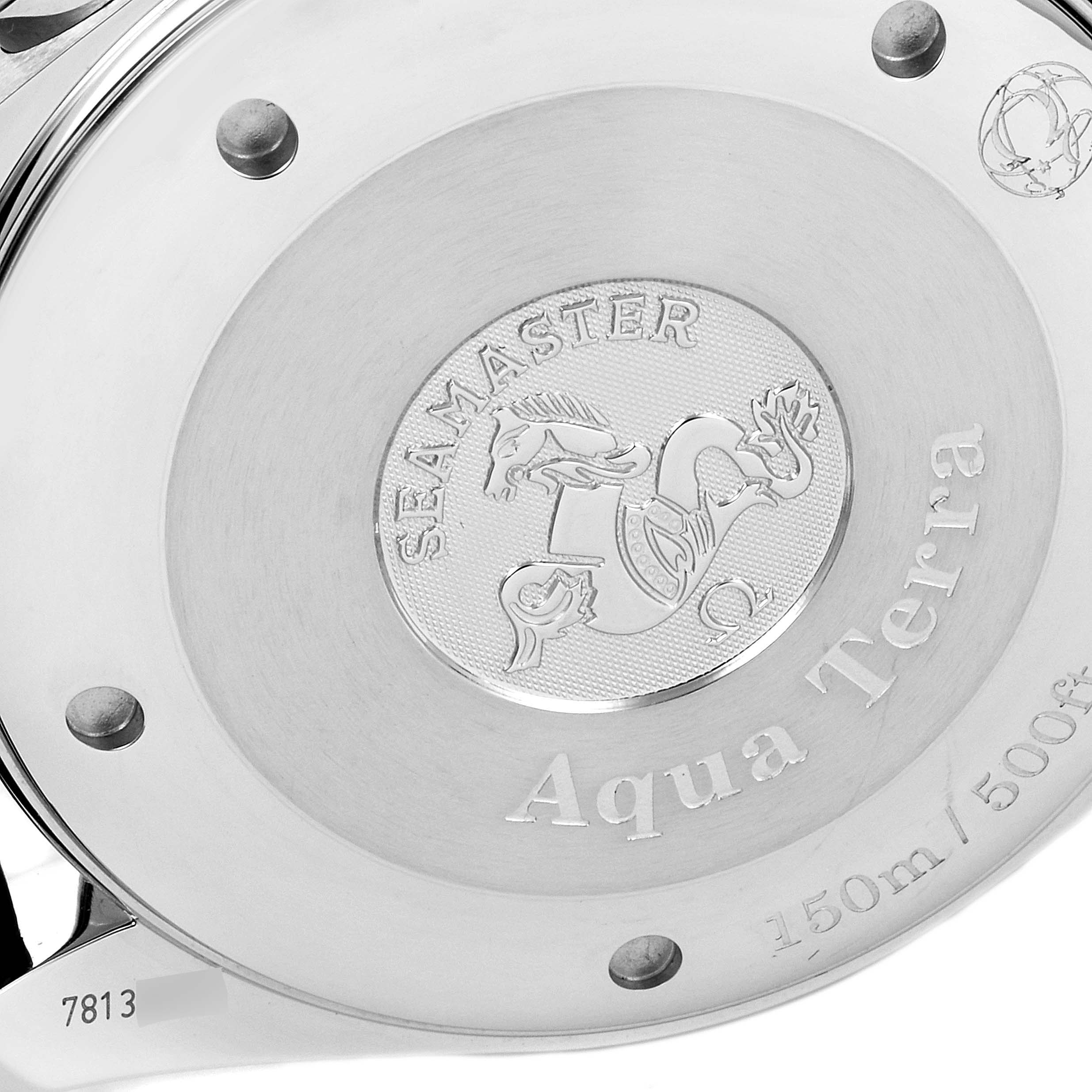 The image shows the engraved case back of the Omega Aqua Terra 2812.50.31 Men's Stainless Steel Black Dial 2812.50.31 Men's Stainless Steel Black Dial Seamaster, highlighting its water resistance and emblem.