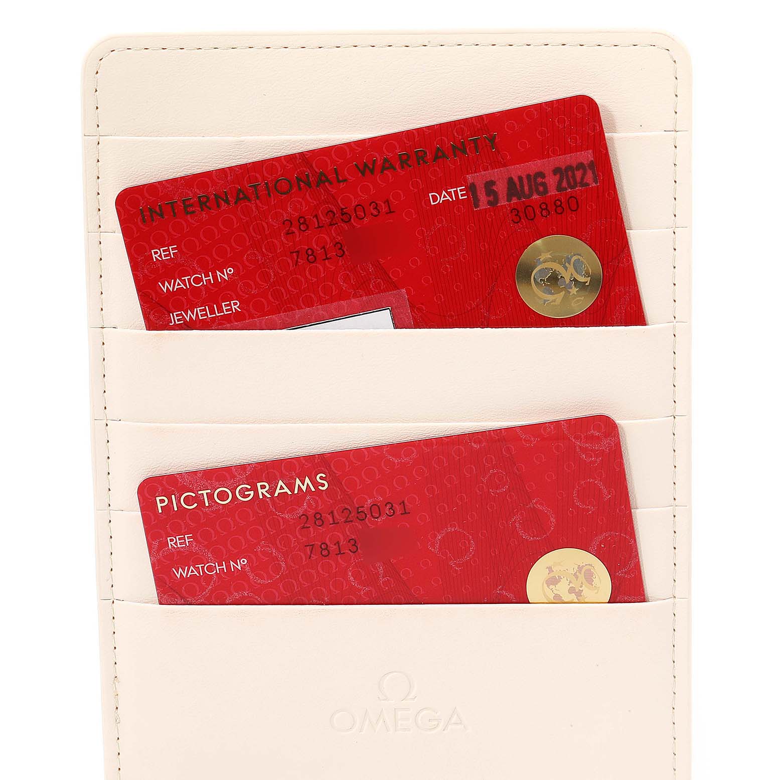 The image shows the warranty and pictograms cards for the Omega Aqua Terra 2812.50.31 Men's Stainless Steel Black Dial 2812.50.31 Men's Stainless Steel Black Dial model, placed in a white cardholder.