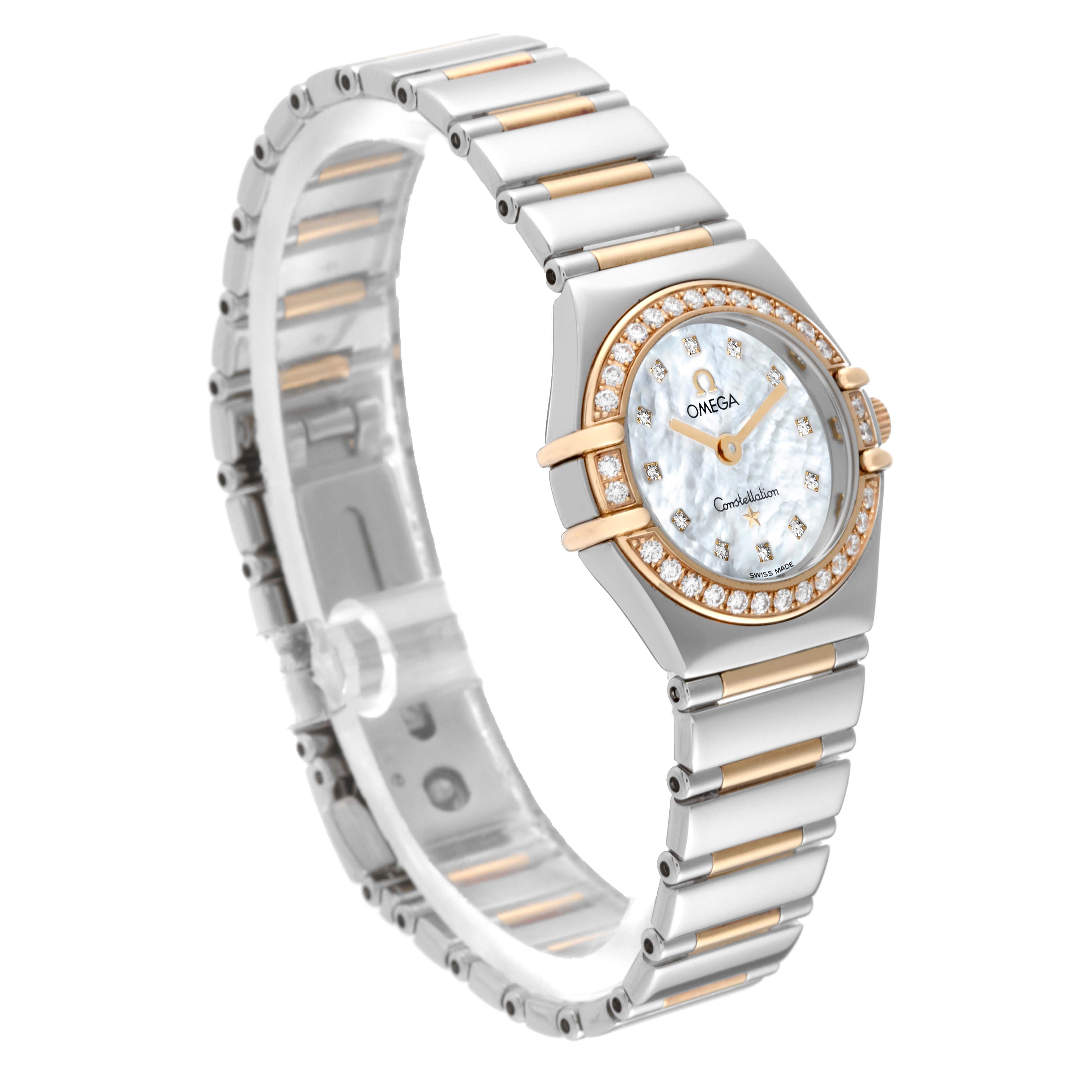 This image shows a side-angle view of the Omega 1267.75.00 Women's Steel and Gold (two tone) Mother of Pearl Dial 1267.75.00 Women's Steel and Gold (two tone) Mother of Pearl Dial Constellation 95 Mother of Pearl Diamond Yellow Gold Steel Ladies Watch (model 1267.75.00).