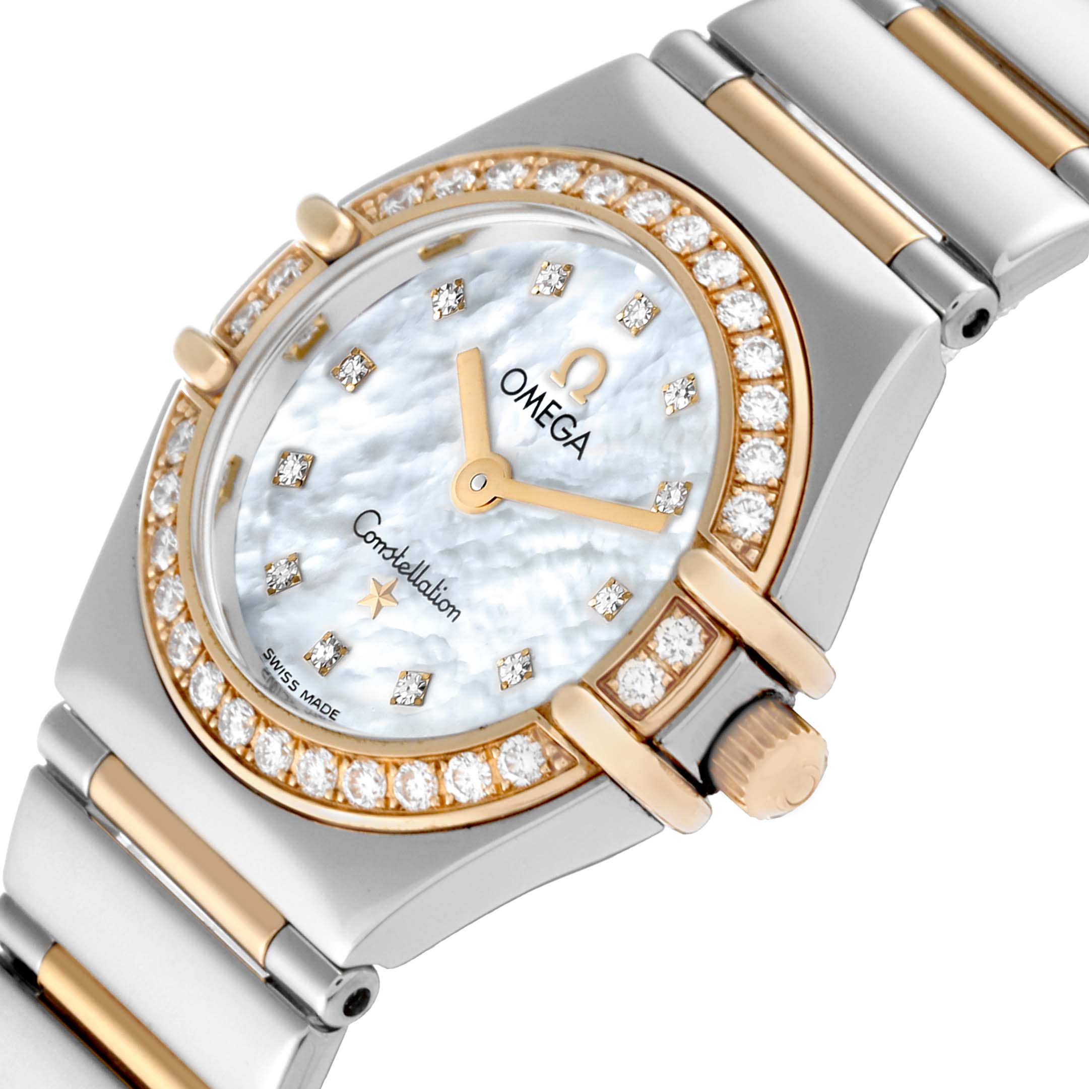 The image shows a close-up, angled view of the Omega 1267.75.00 Women's Steel and Gold (two tone) Mother of Pearl Dial 1267.75.00 Women's Steel and Gold (two tone) Mother of Pearl Dial Constellation 95 model 1267.75.00, highlighting its diamond-studded bezel, mother of pearl dial, and yellow gold accents.